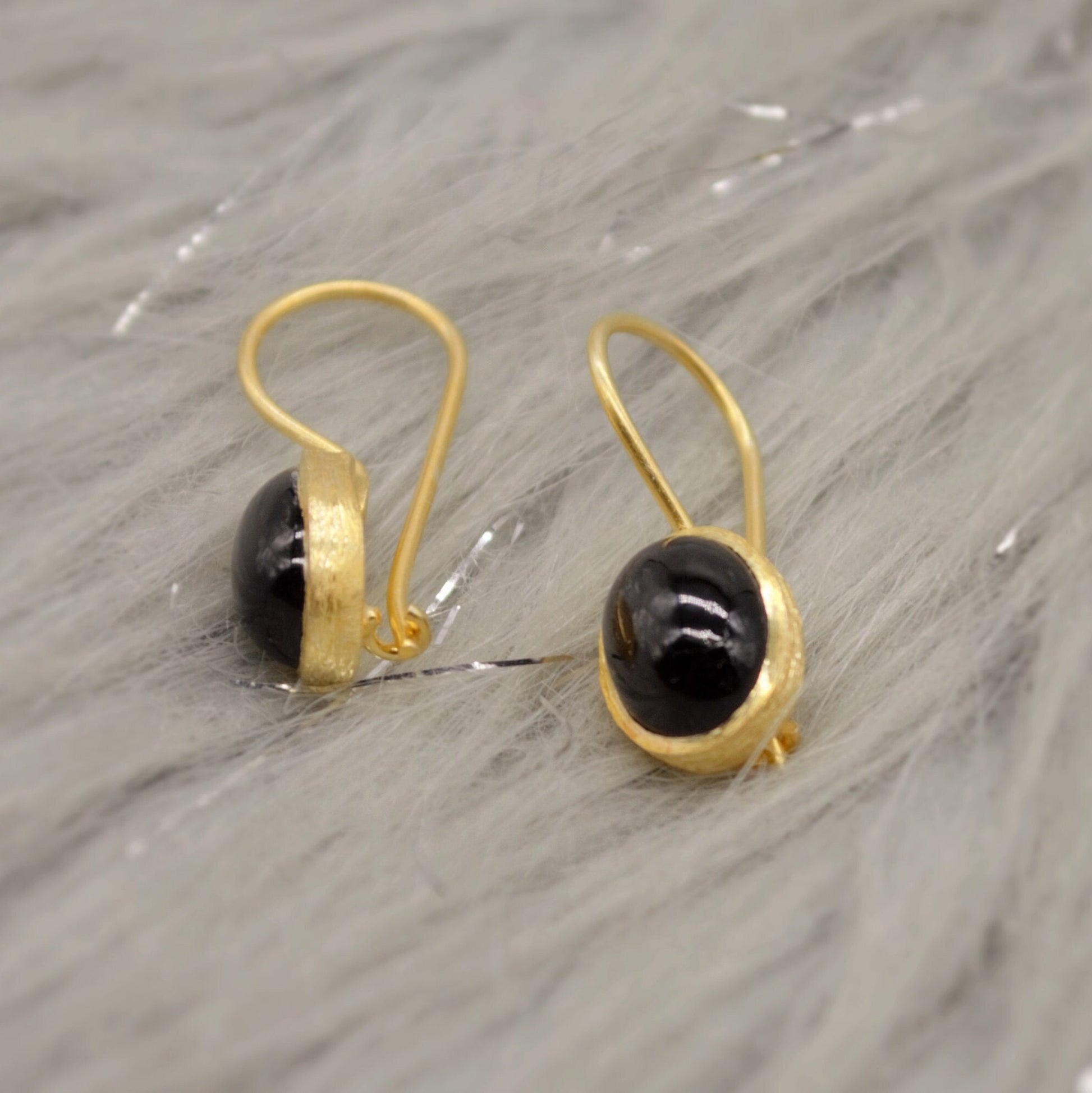 Black Onyx Gold Earrings, Gold Plated Sterling Silver Statement Gemstone Earrings, Unique Dangle, Black Onyx Jewelry, Birthday Gift For Her