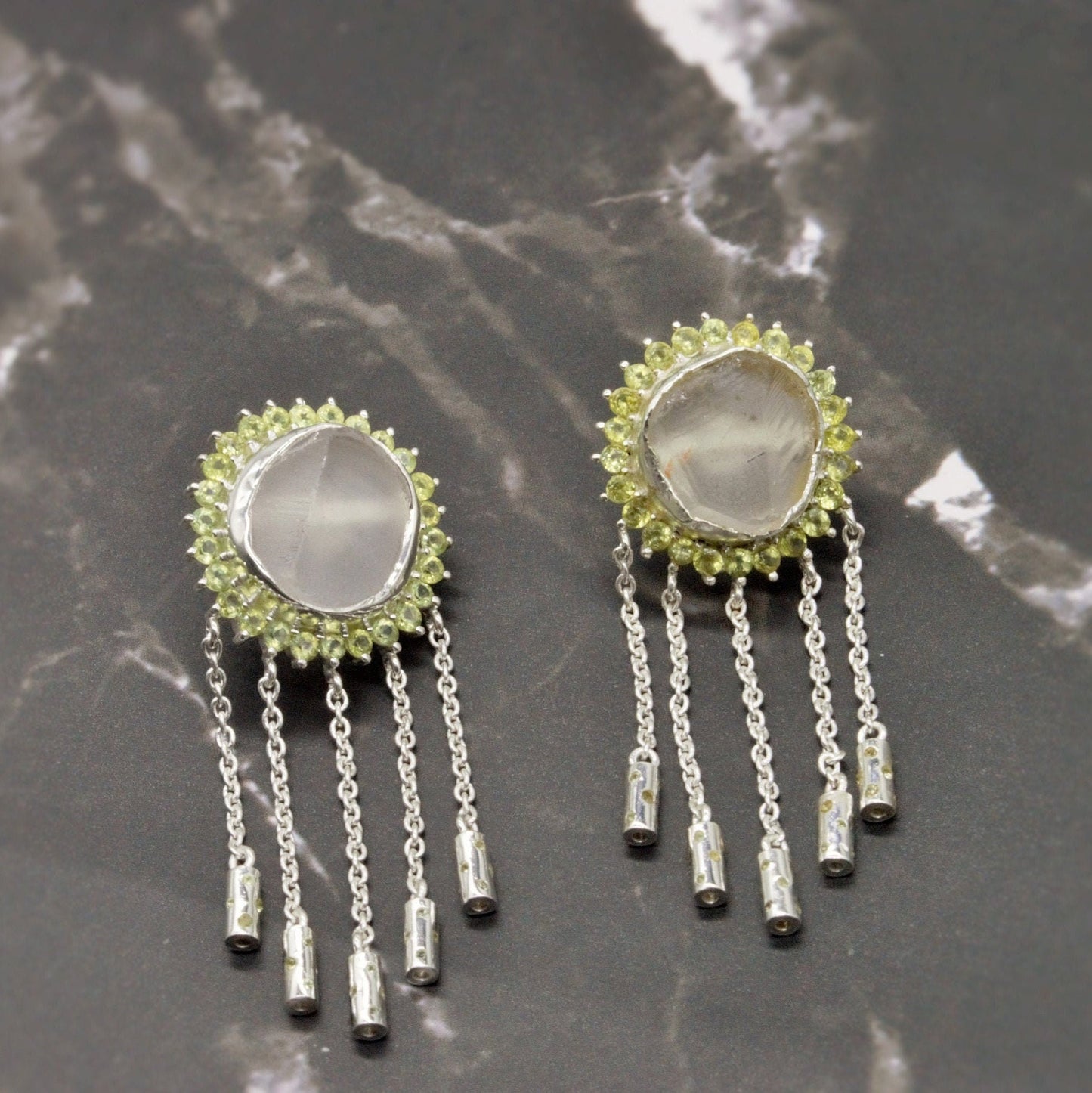 Peridot, Clear Quartz Silver Earrings, Sterling Silver, August Birthstone, Unique Statement Dangle Drop Jhumka Earrings, Birthday Gifts