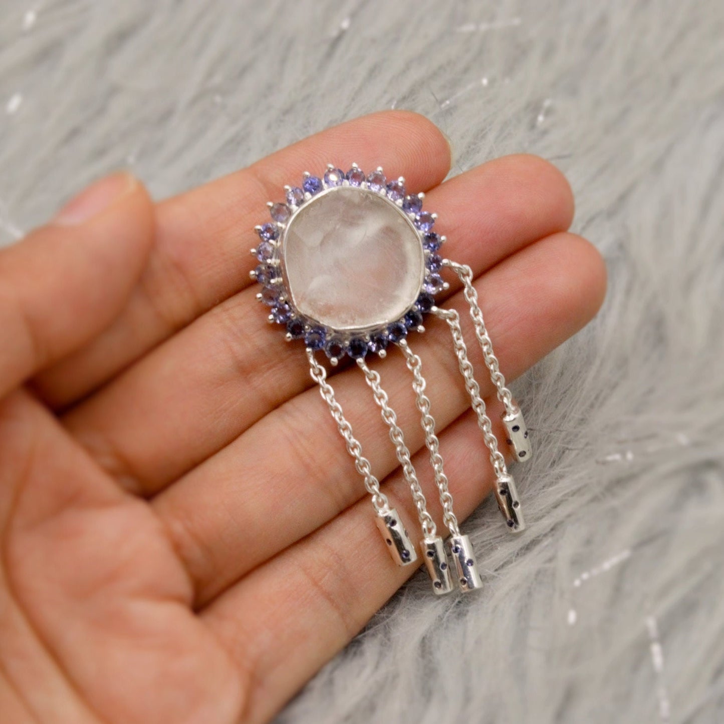 Iolite, Clear Quartz Silver Drop Earrings, Clear Quartz Crystal, Unique Statement Gemstone Jhumka Earrings Bridesmaid Gifts for Her