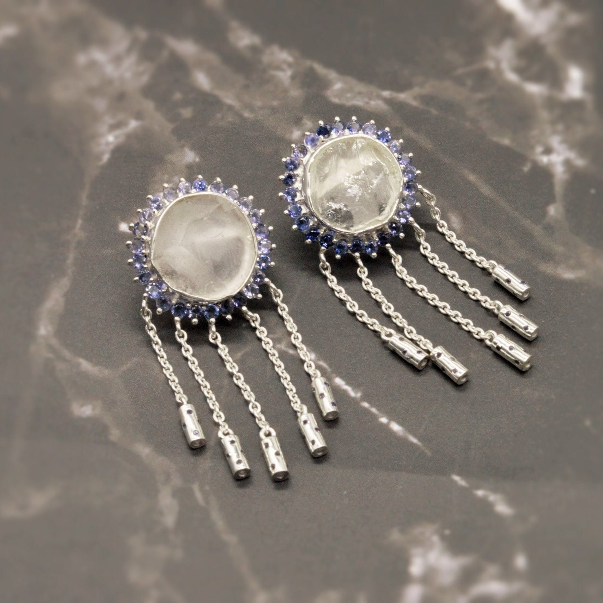 Iolite, Clear Quartz Silver Drop Earrings, Clear Quartz Crystal, Unique Statement Gemstone Jhumka Earrings Bridesmaid Gifts for Her