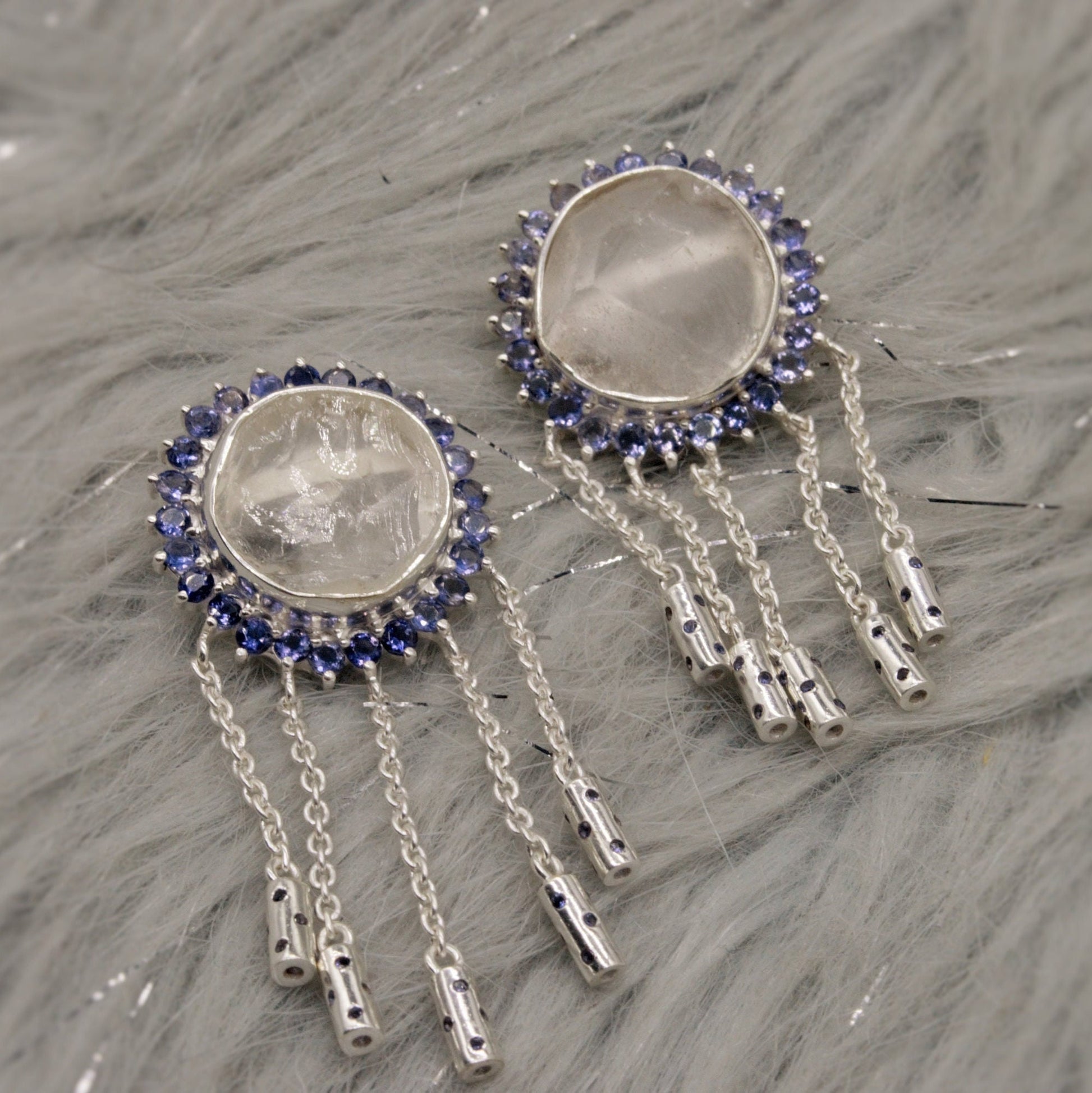 Iolite, Clear Quartz Silver Drop Earrings, Clear Quartz Crystal, Unique Statement Gemstone Jhumka Earrings Bridesmaid Gifts for Her