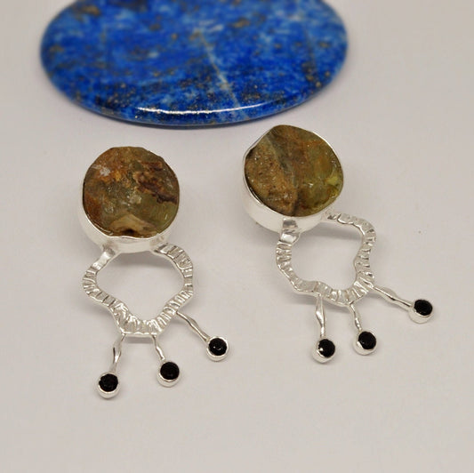 Raw Peridot, Black Onyx Silver Earrings, August Birthstone, Sterling Silver, Peridot Jewelry, Unique Statement Earrings, Gift For Her