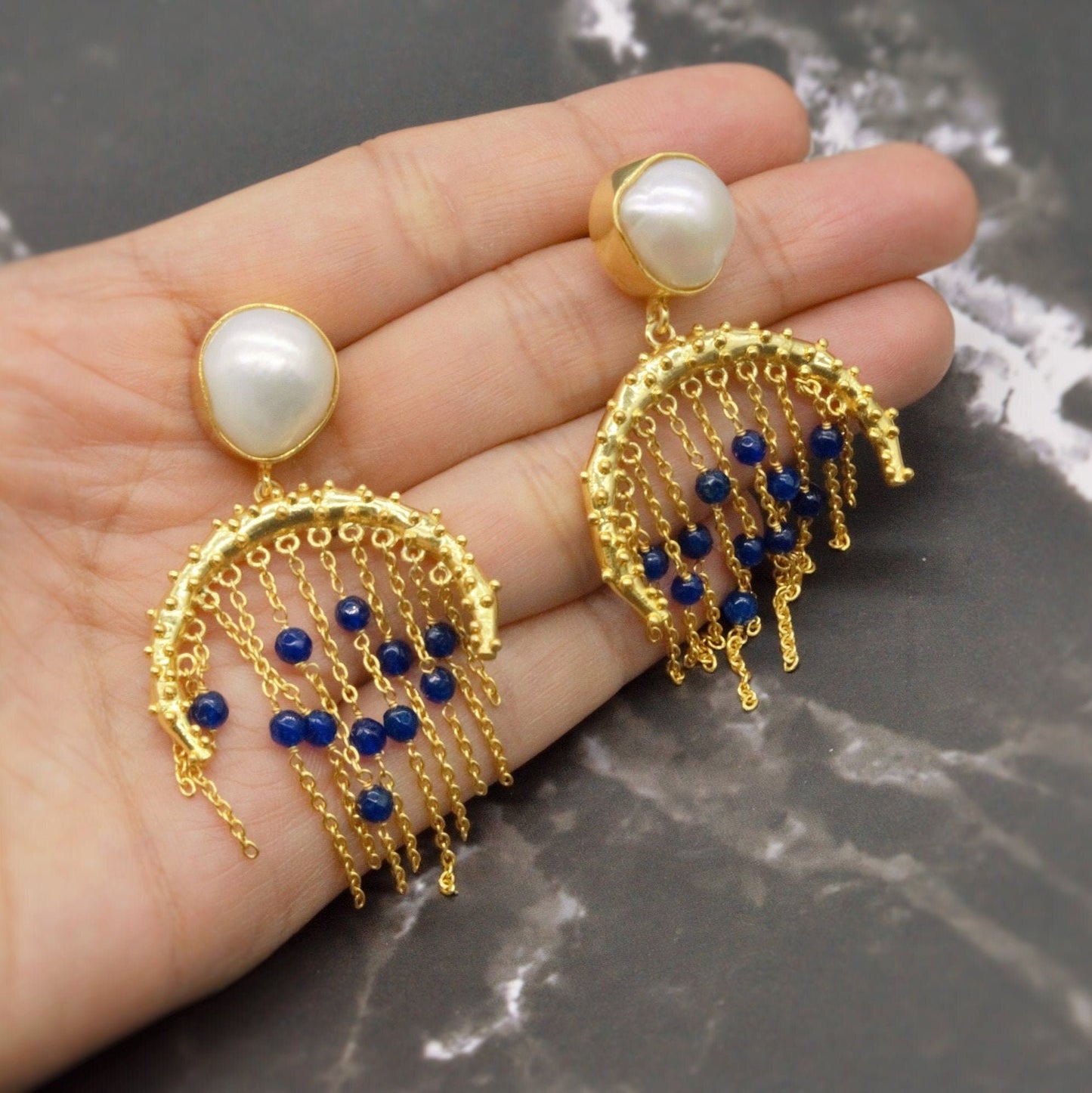 Blue Aventurine, Pearl Gold Earrings, June Birthstone, Statement Unique Drop Earrings, Jhumka Earrings, Gifts For Her, Birthday Gift