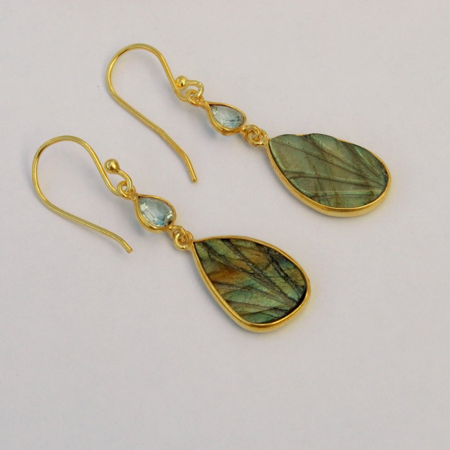 Labradorite, Blue Topaz Earrings, Dangle Gemstone Earrings, Unique Gold Plated Sterling Silver Earrings, December Birthstone, Gift For Her