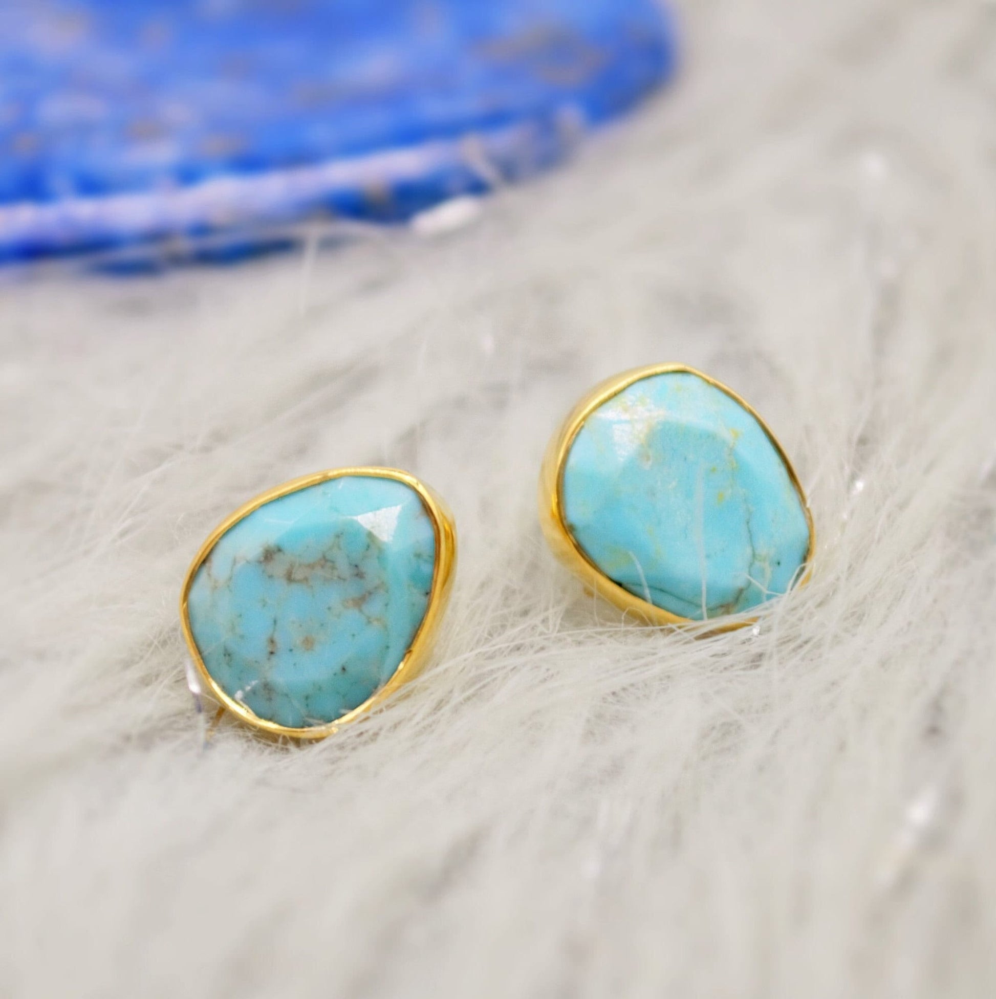 Blue Turquoise Gold Stud Earrings, Dainty Earrings, December Birthstone, Gold Plated Sterling Silver Stud, Birthday Gift For Her