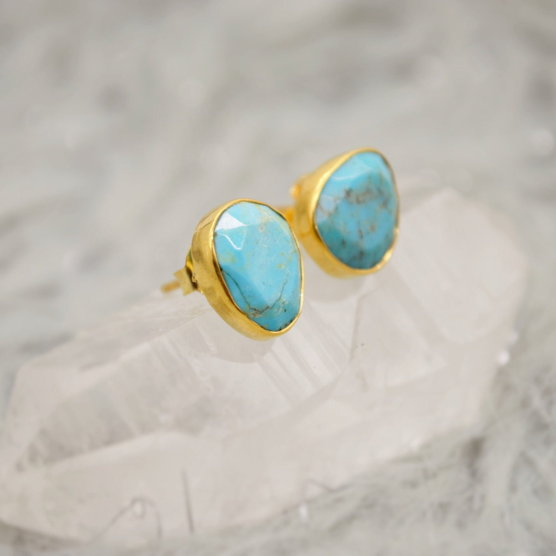 Blue Turquoise Gold Stud Earrings, Dainty Earrings, December Birthstone, Gold Plated Sterling Silver Stud, Birthday Gift For Her