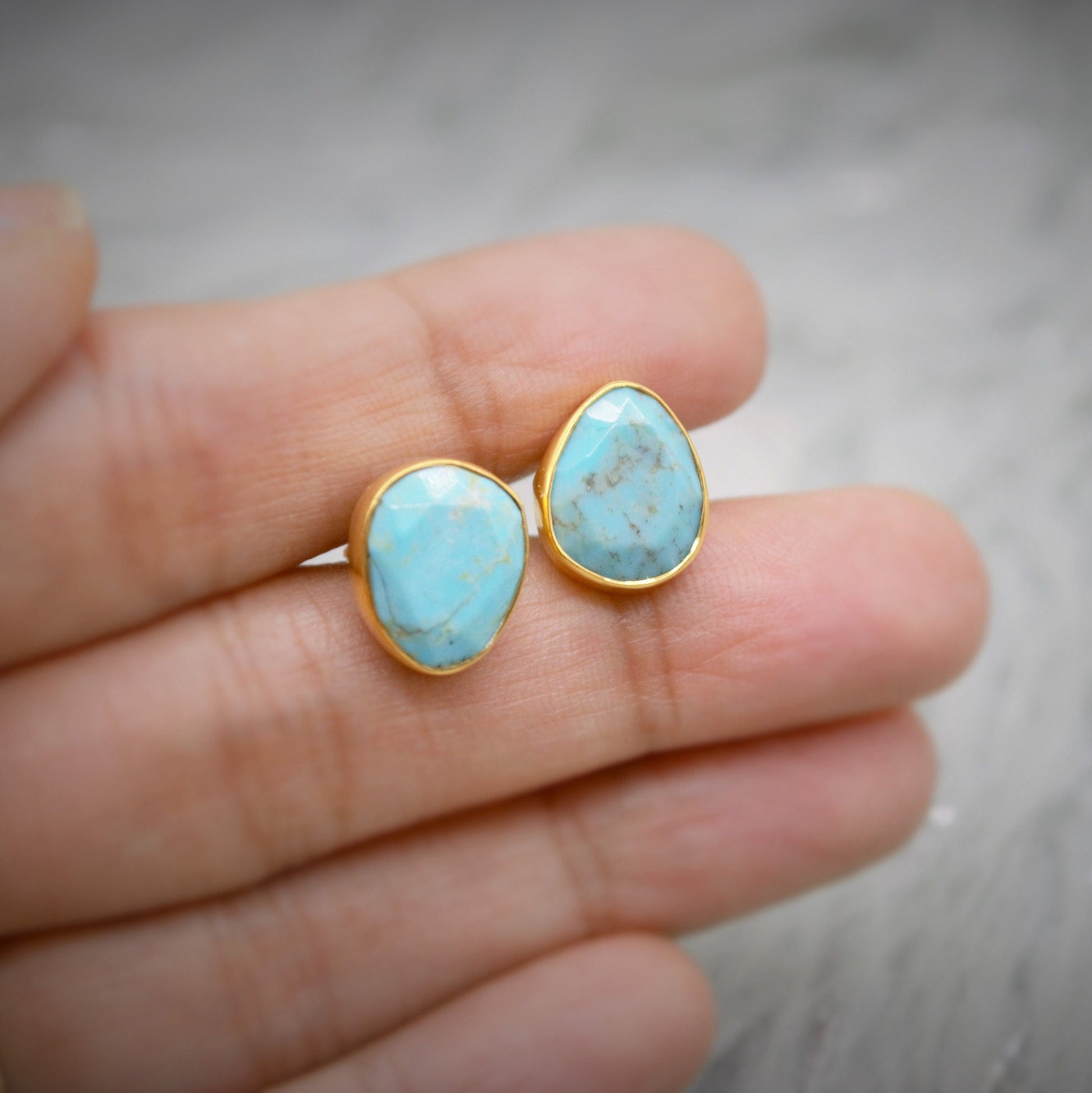 Blue Turquoise Gold Stud Earrings, Dainty Earrings, December Birthstone, Gold Plated Sterling Silver Stud, Birthday Gift For Her