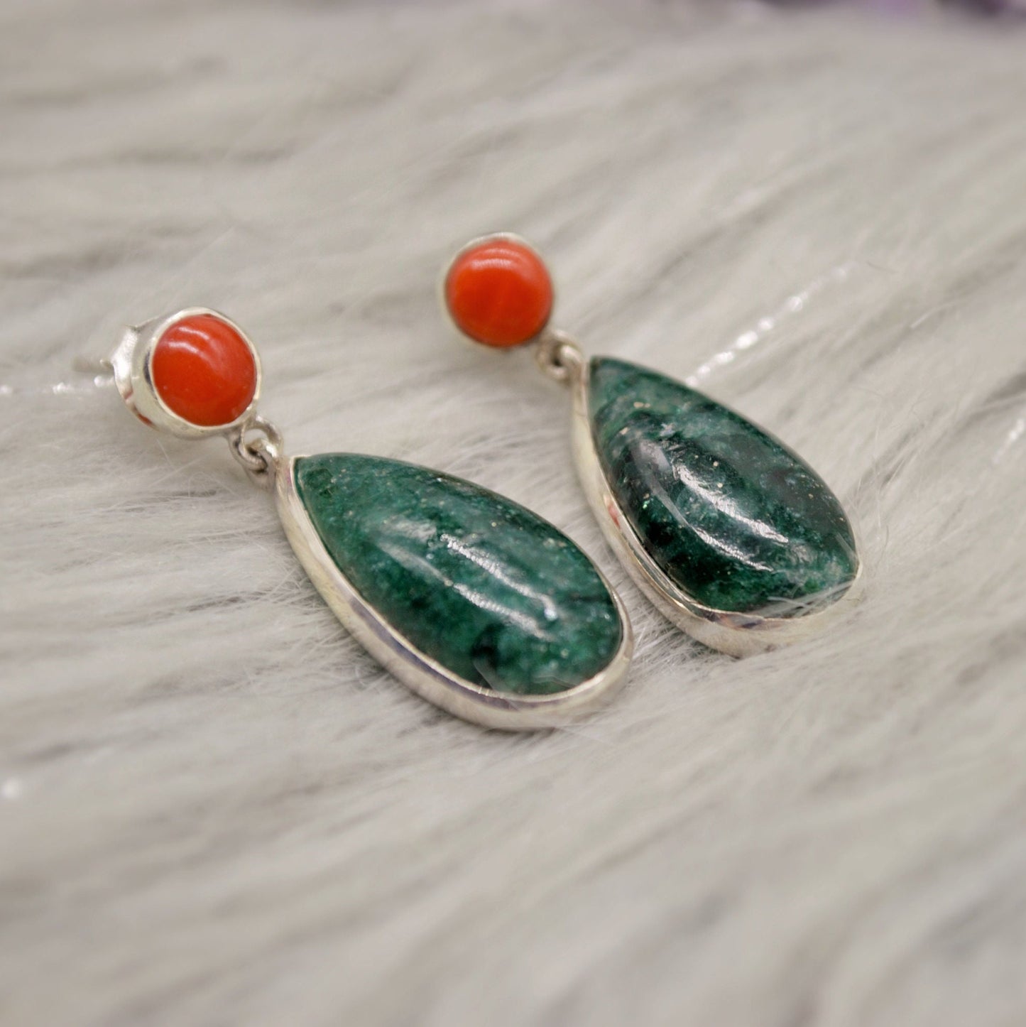 Green Emerald, Coral Dangle Drop Earrings, Sterling Silver Earrings, May Birthstone, Christmas, Birthday Gifts, Green Gemstone Earrings