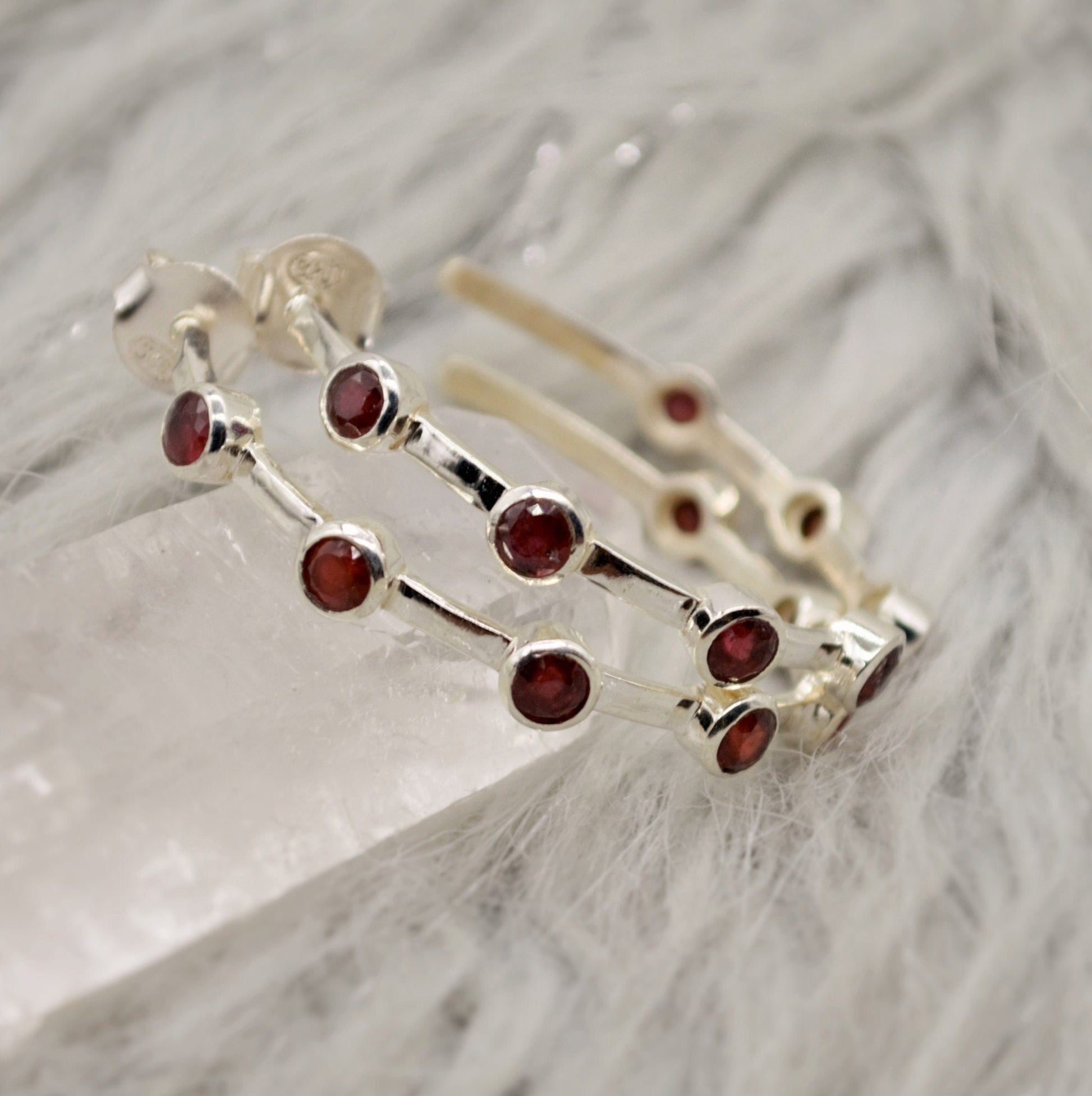 Red Garnet Earrings, Ruby, Smoky Quartz Sterling Silver Hoop Earrings, January Birthstone, July Birthstone, Unique Gemstone Earrings