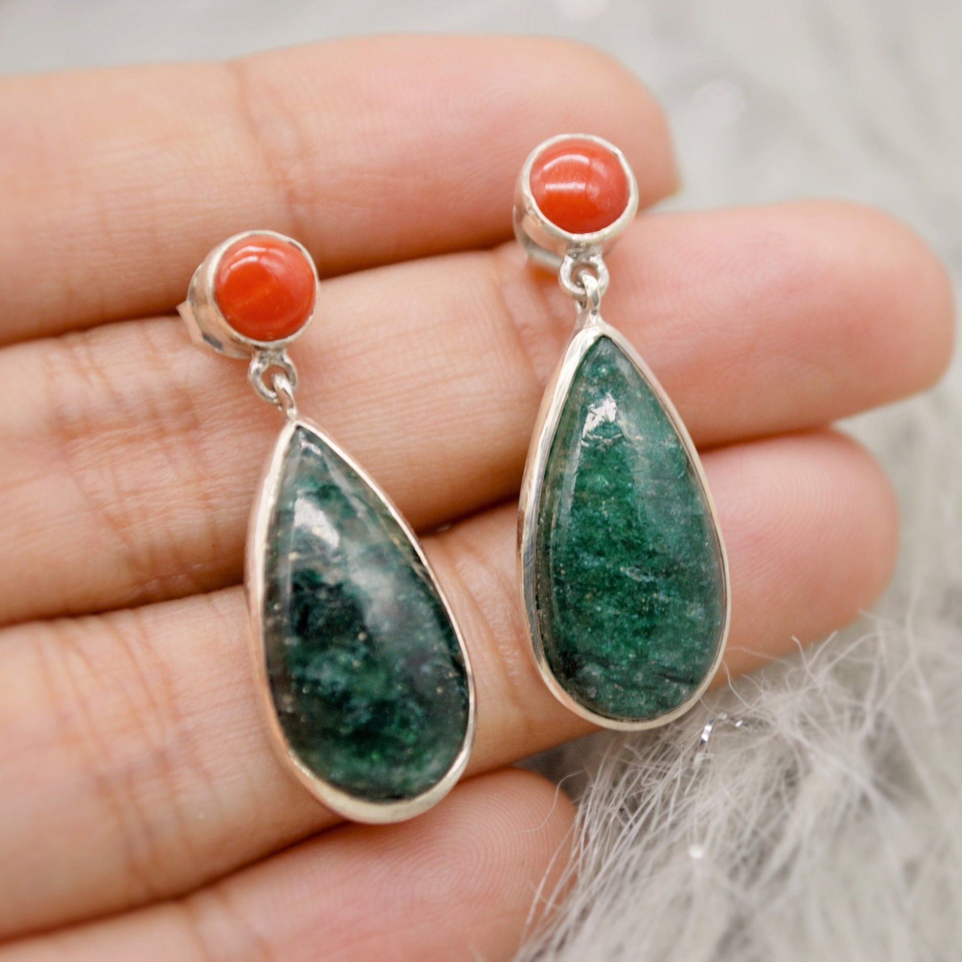 Green Emerald, Coral Dangle Drop Earrings, Sterling Silver Earrings, May Birthstone, Christmas, Birthday Gifts, Green Gemstone Earrings