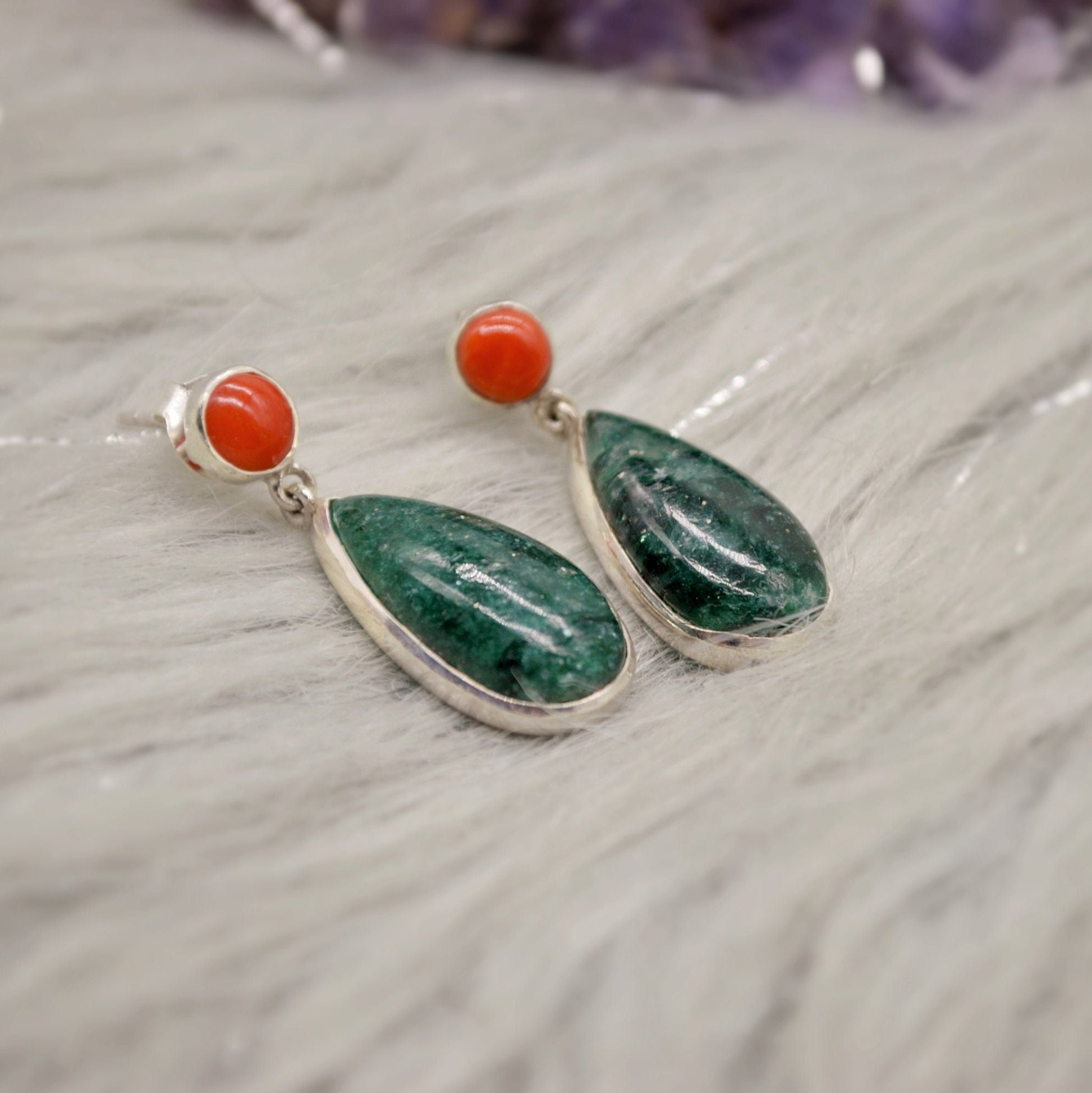 Green Emerald, Coral Dangle Drop Earrings, Sterling Silver Earrings, May Birthstone, Christmas, Birthday Gifts, Green Gemstone Earrings