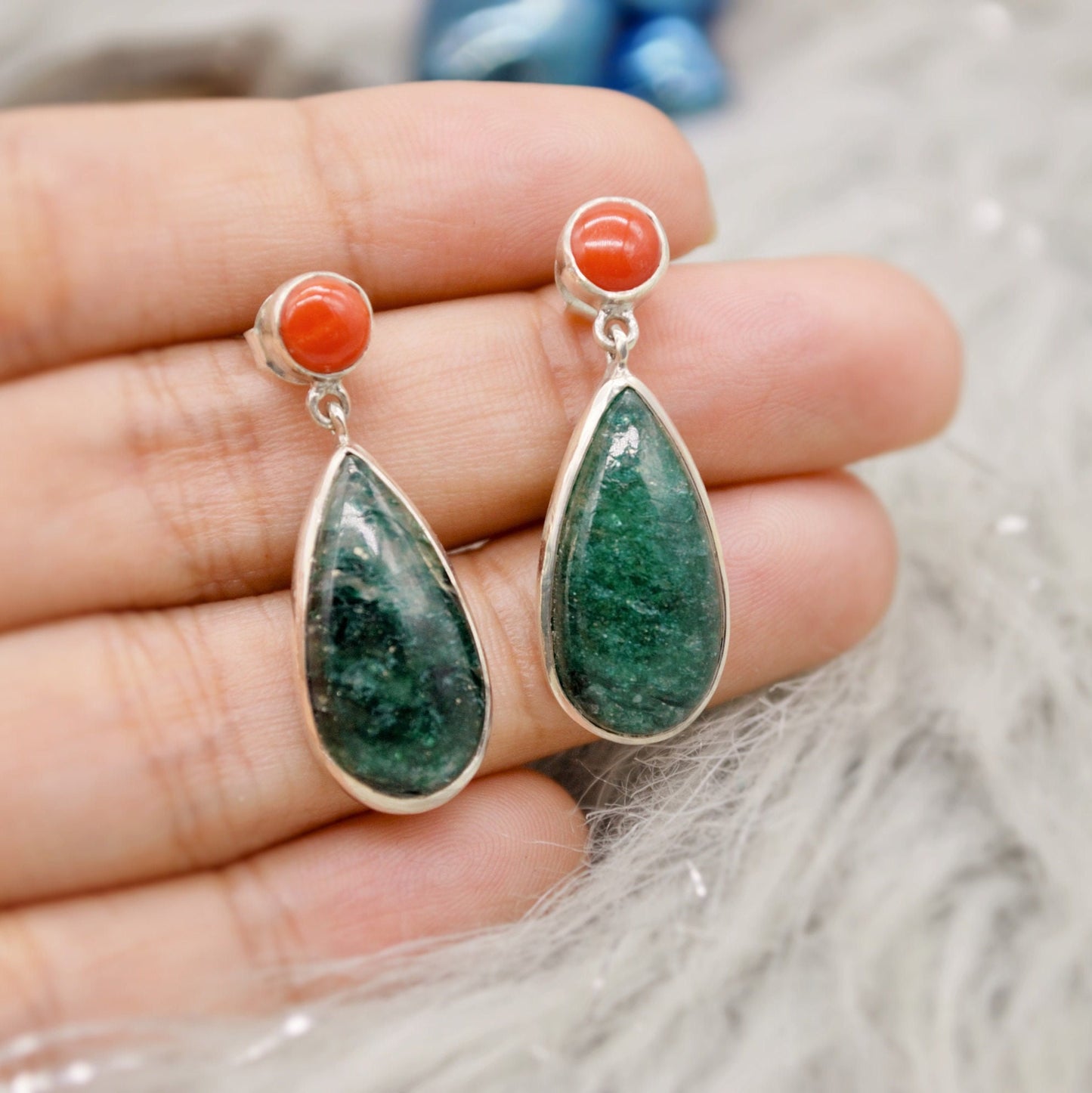 Green Emerald, Coral Dangle Drop Earrings, Sterling Silver Earrings, May Birthstone, Christmas, Birthday Gifts, Green Gemstone Earrings