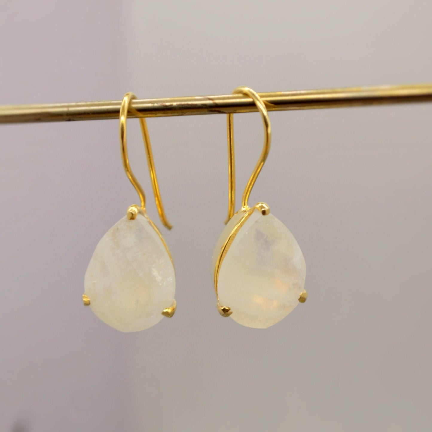 Rainbow Moonstone Gold Earrings, Sterling Silver Drop Earrings, Moonstone Jewelry, Unique Handmade Earrings, Gift For Her, June Birthstone