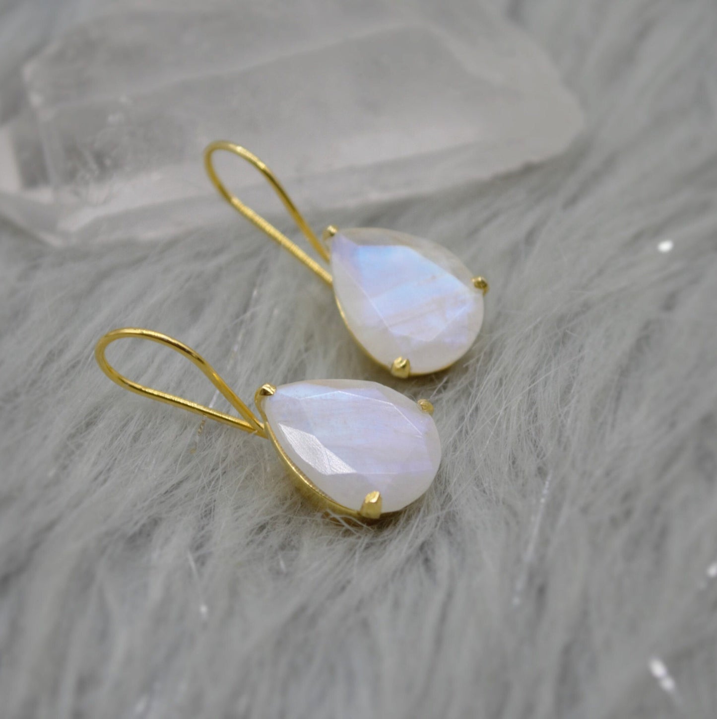 Rainbow Moonstone Gold Earrings, Sterling Silver Drop Earrings, Moonstone Jewelry, Unique Handmade Earrings, Gift For Her, June Birthstone