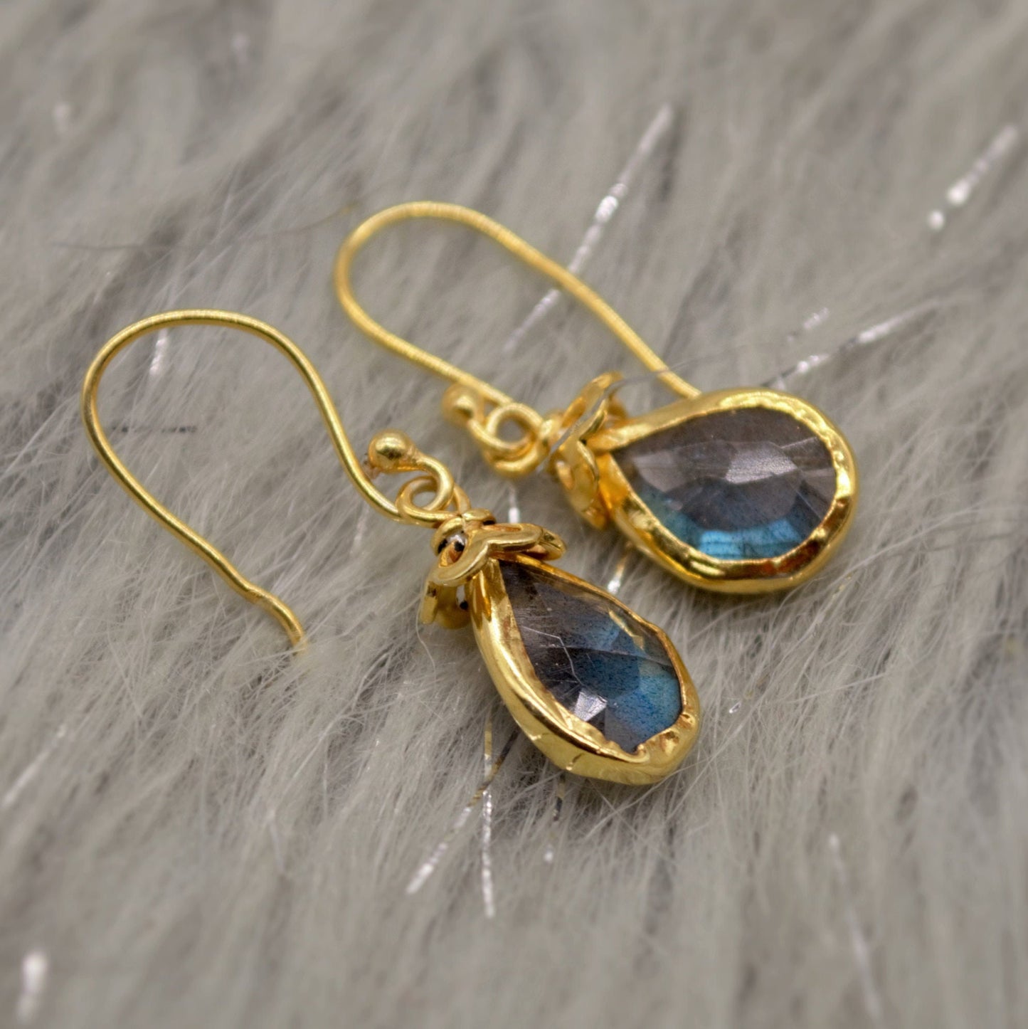 Labradorite Dangle Silver Earrings, Gold Plated Sterling Silver, Handmade Gemstone Earrings, Labradorite Stone Jewelry, Gift For Her