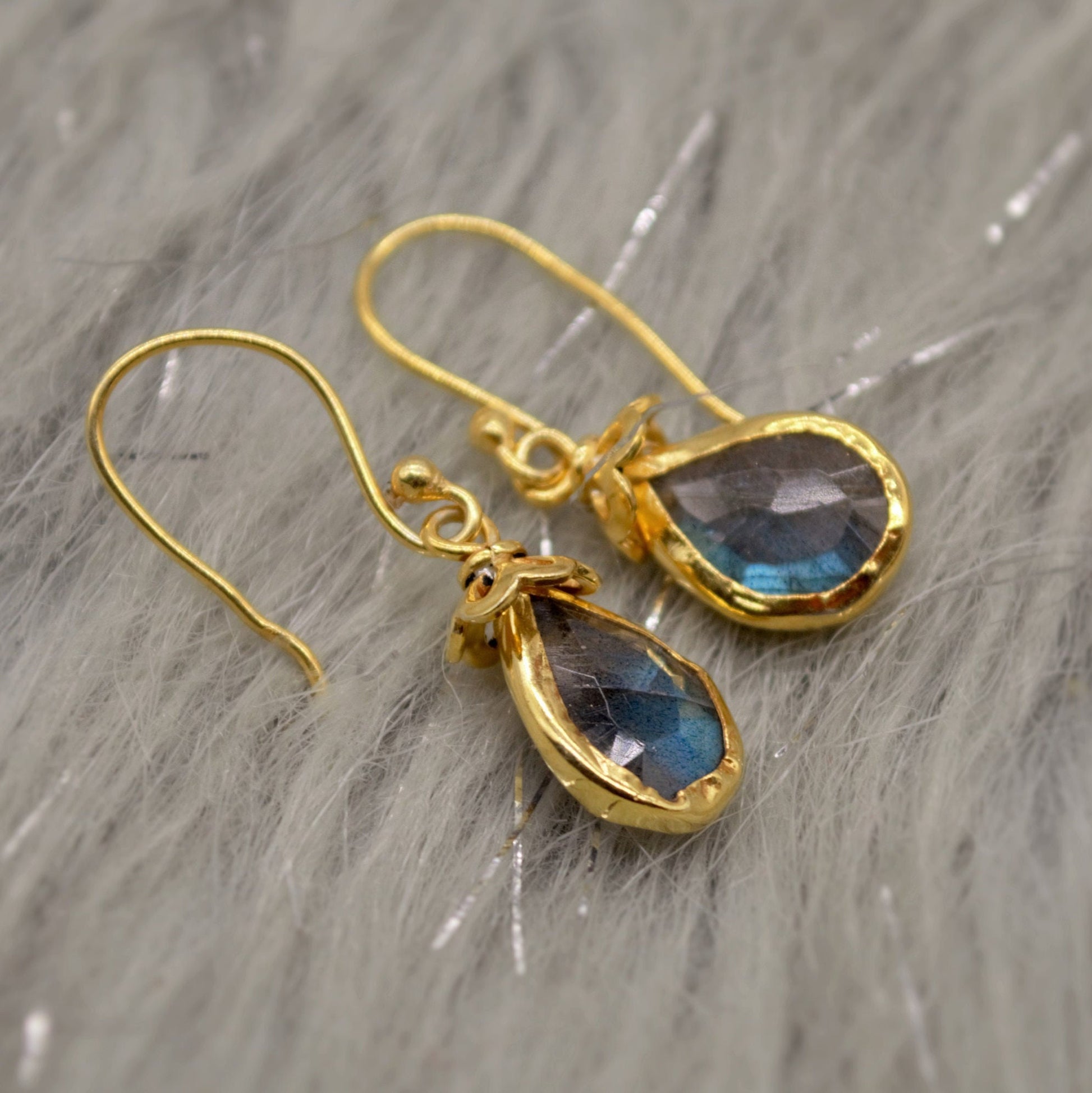 Labradorite Dangle Silver Earrings, Gold Plated Sterling Silver, Handmade Gemstone Earrings, Labradorite Stone Jewelry, Gift For Her