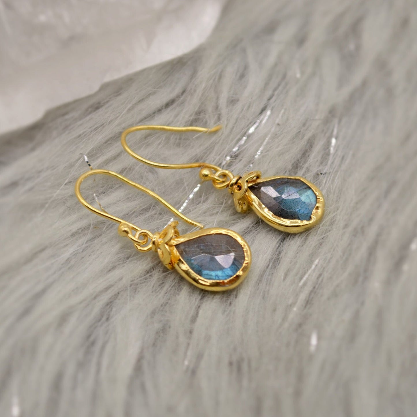 Labradorite Dangle Silver Earrings, Gold Plated Sterling Silver, Handmade Gemstone Earrings, Labradorite Stone Jewelry, Gift For Her