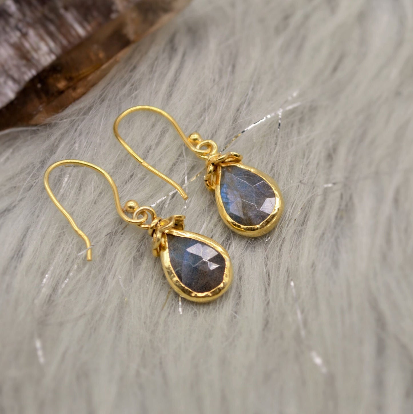 Labradorite Dangle Silver Earrings, Gold Plated Sterling Silver, Handmade Gemstone Earrings, Labradorite Stone Jewelry, Gift For Her