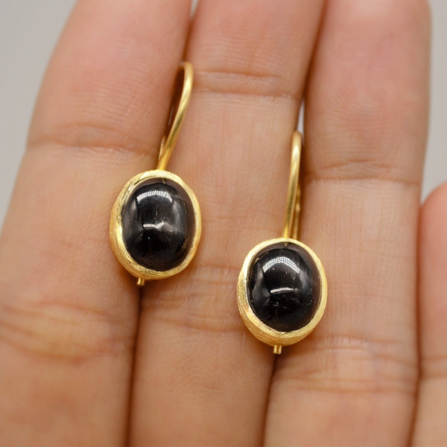 Black Onyx Gold Earrings, Gold Plated Sterling Silver Statement Gemstone Earrings, Unique Dangle, Black Onyx Jewelry, Birthday Gift For Her