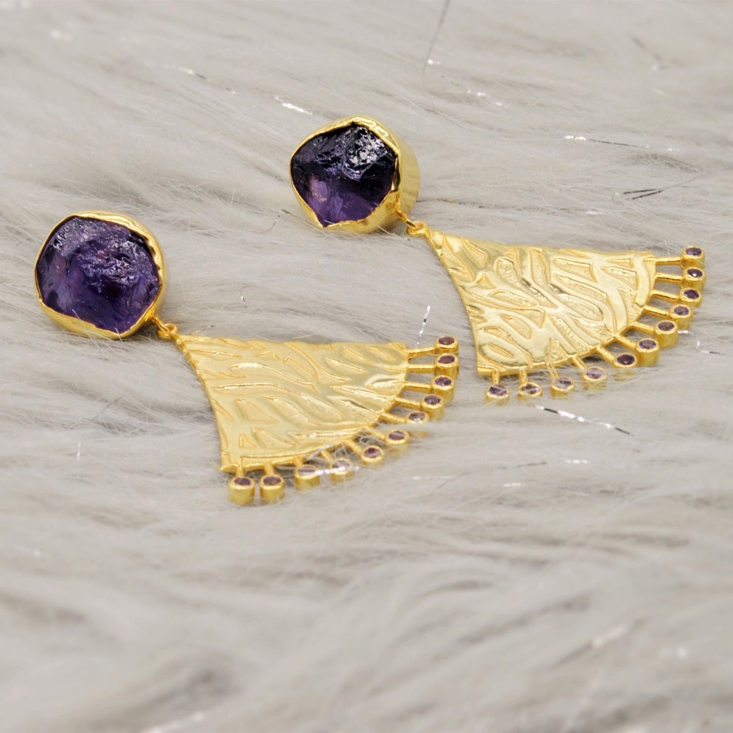 Purple Raw Amethyst Gold Earrings, February Birthstone, Indian Ethnic Jhumka Drop Earrings, Unique Statement Gemstone Earrings, Gift For Her