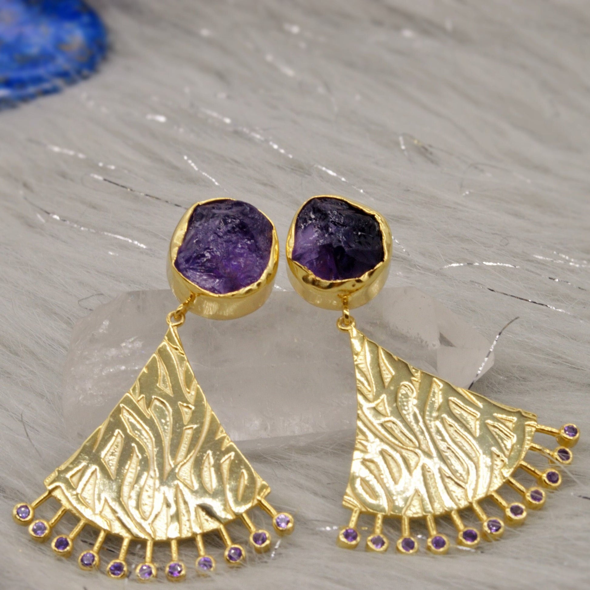 Purple Raw Amethyst Gold Earrings, February Birthstone, Indian Ethnic Jhumka Drop Earrings, Unique Statement Gemstone Earrings, Gift For Her