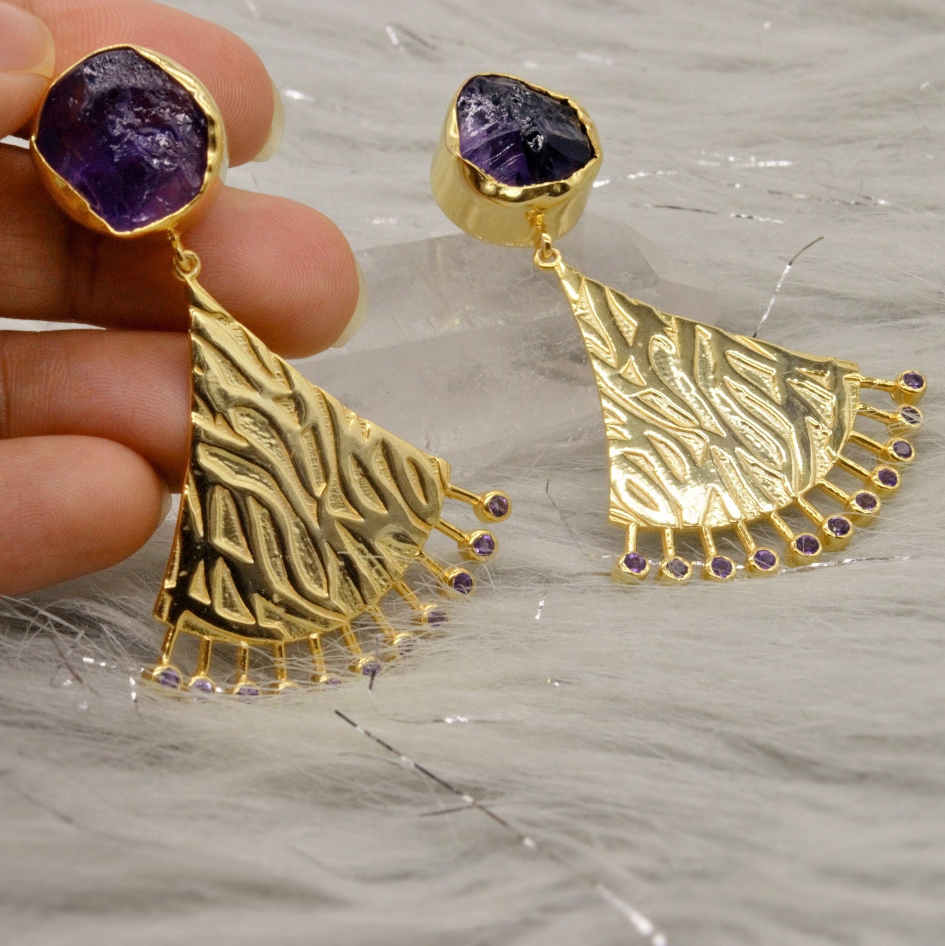 Purple Raw Amethyst Gold Earrings, February Birthstone, Indian Ethnic Jhumka Drop Earrings, Unique Statement Gemstone Earrings, Gift For Her