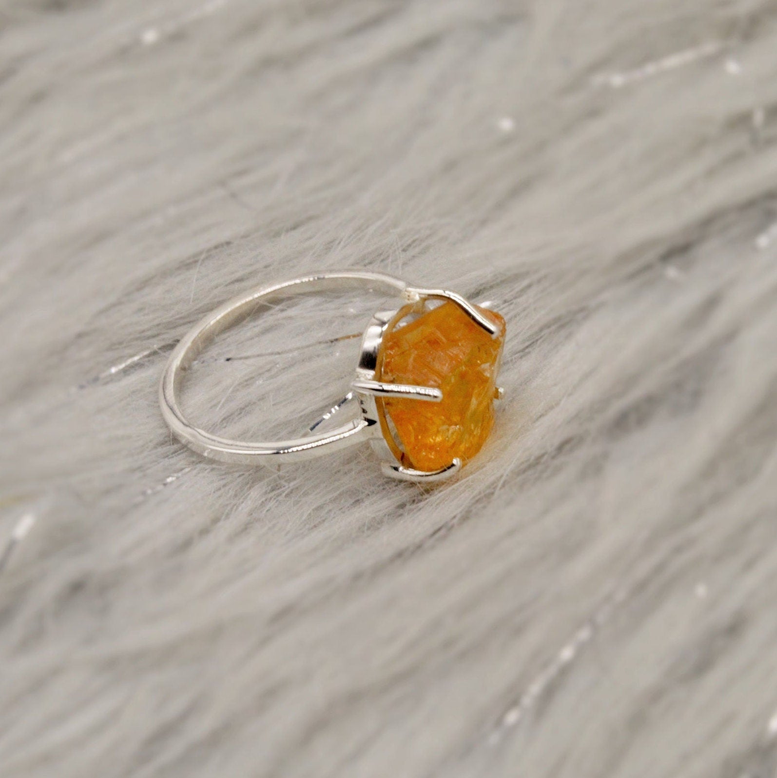 Raw Citrine Ring, Sterling Silver Dainty Gem Ring, Birthstone Rings, Yellow Ring November Birthstone, Gemstone Rings For Women, Gift For Her