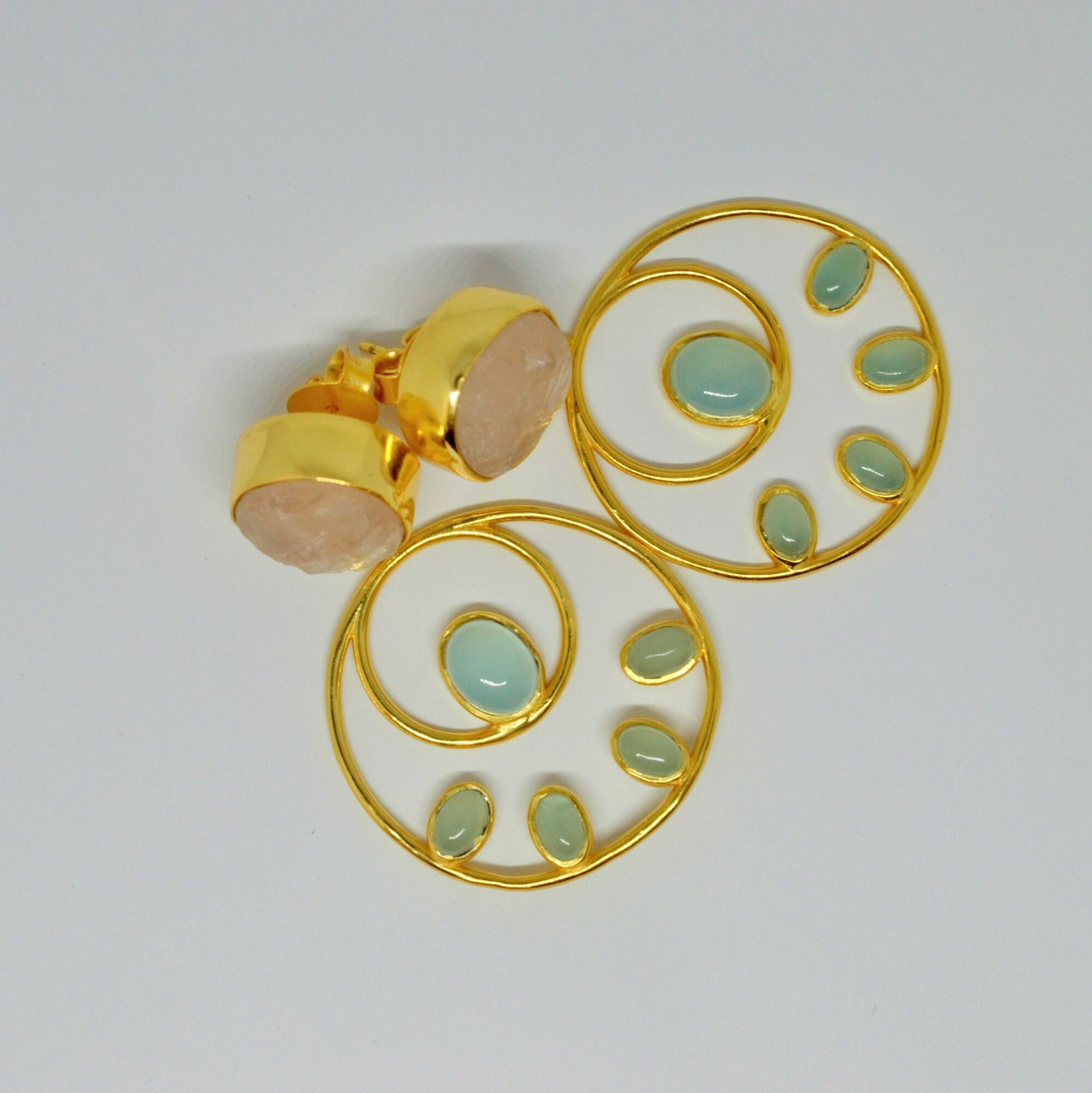 Rose Quartz, Aqua Blue Chalcedony Earrings, Gold Plated Sterling Silver Gemstone Earrings, Unique Hoops, Birthday Gifts For Her