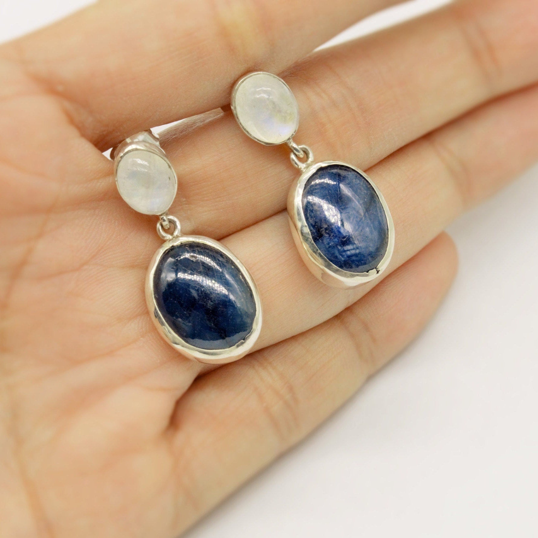 Moonstone, Sapphire Silver Earrings, Blue Dangle Gemstone Earrings, Sapphire Jewelry, September Birthstone, Gifts For Her, 925 Silver