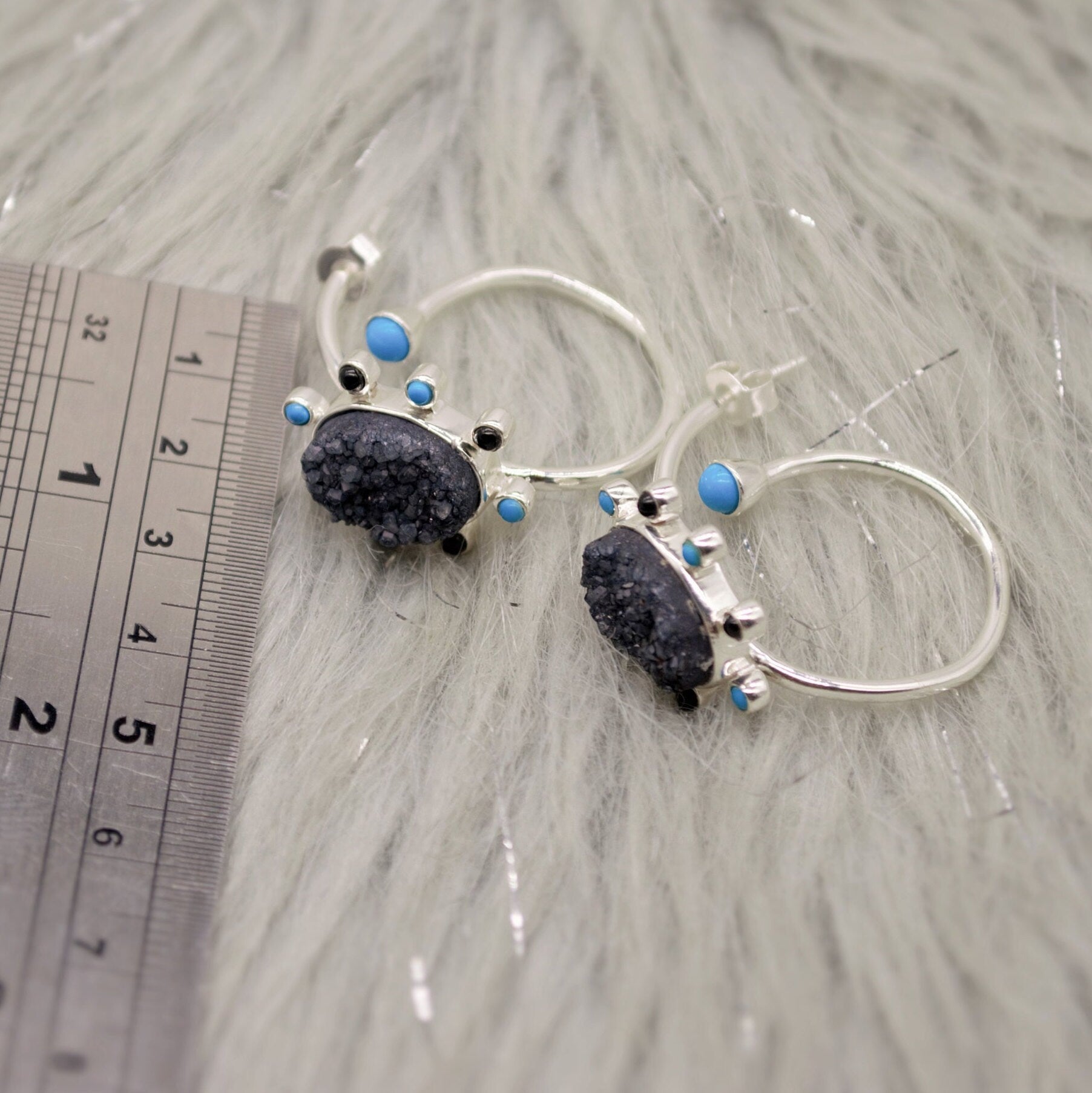 Black Onyx, Agate, Turquoise Earrings, Sterling Silver, Turquoise Birthstone Jewelry, Unique Druzy Gemstone Earrings