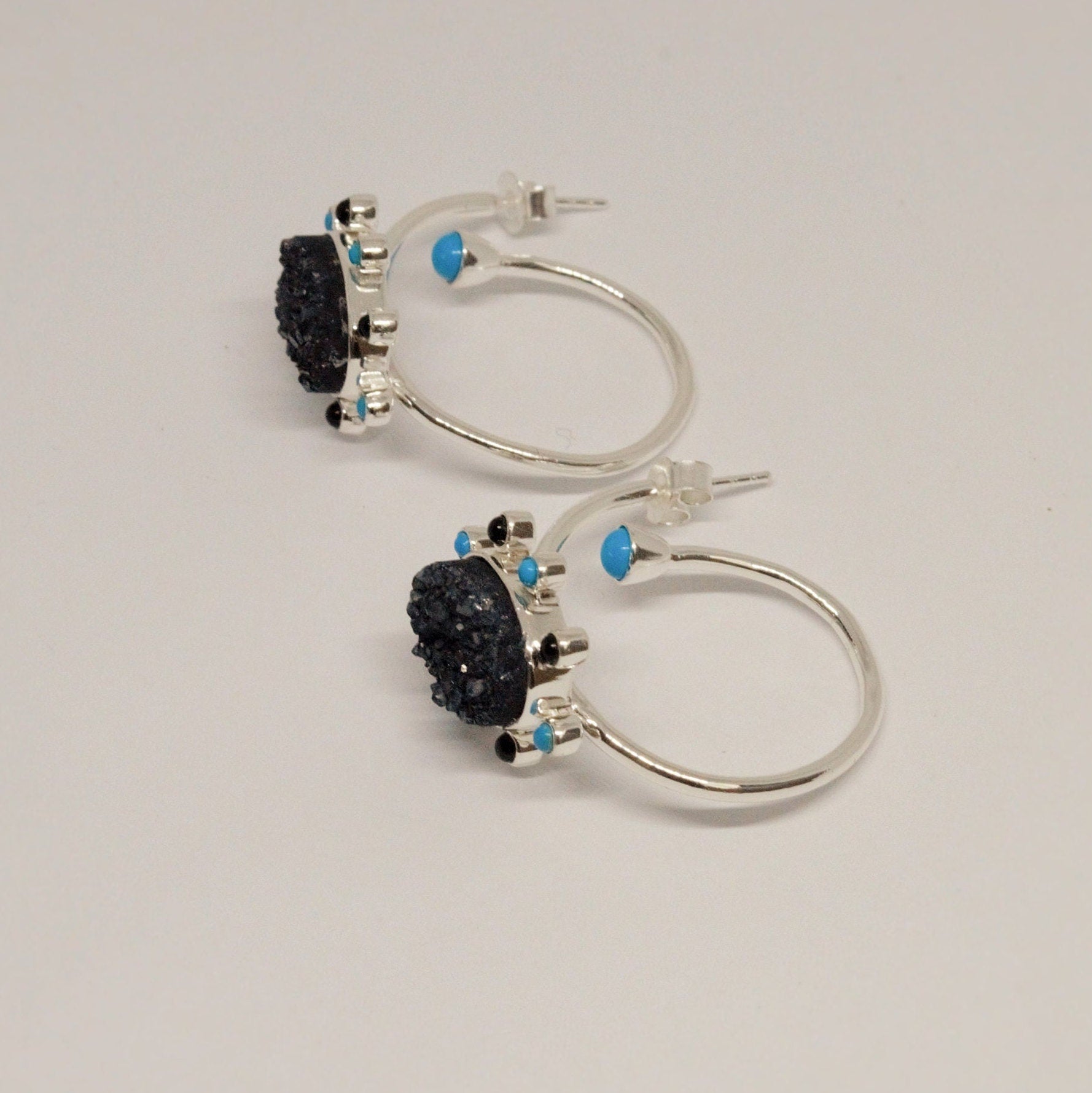 Black Onyx, Agate, Turquoise Earrings, Sterling Silver, Turquoise Birthstone Jewelry, Unique Druzy Gemstone Earrings