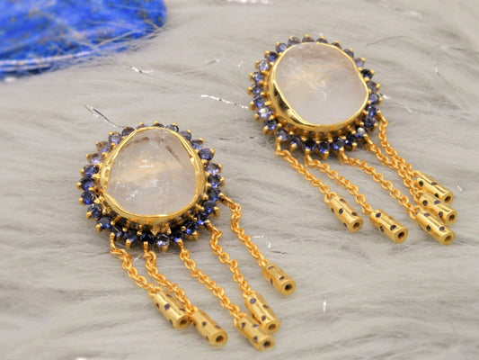 Iolite Clear Quartz Gold Earrings, Clear Quartz Crystal, Dangle Drop Earrings, Unique Gemstone Statement Earrings, Birthday Gift For Her