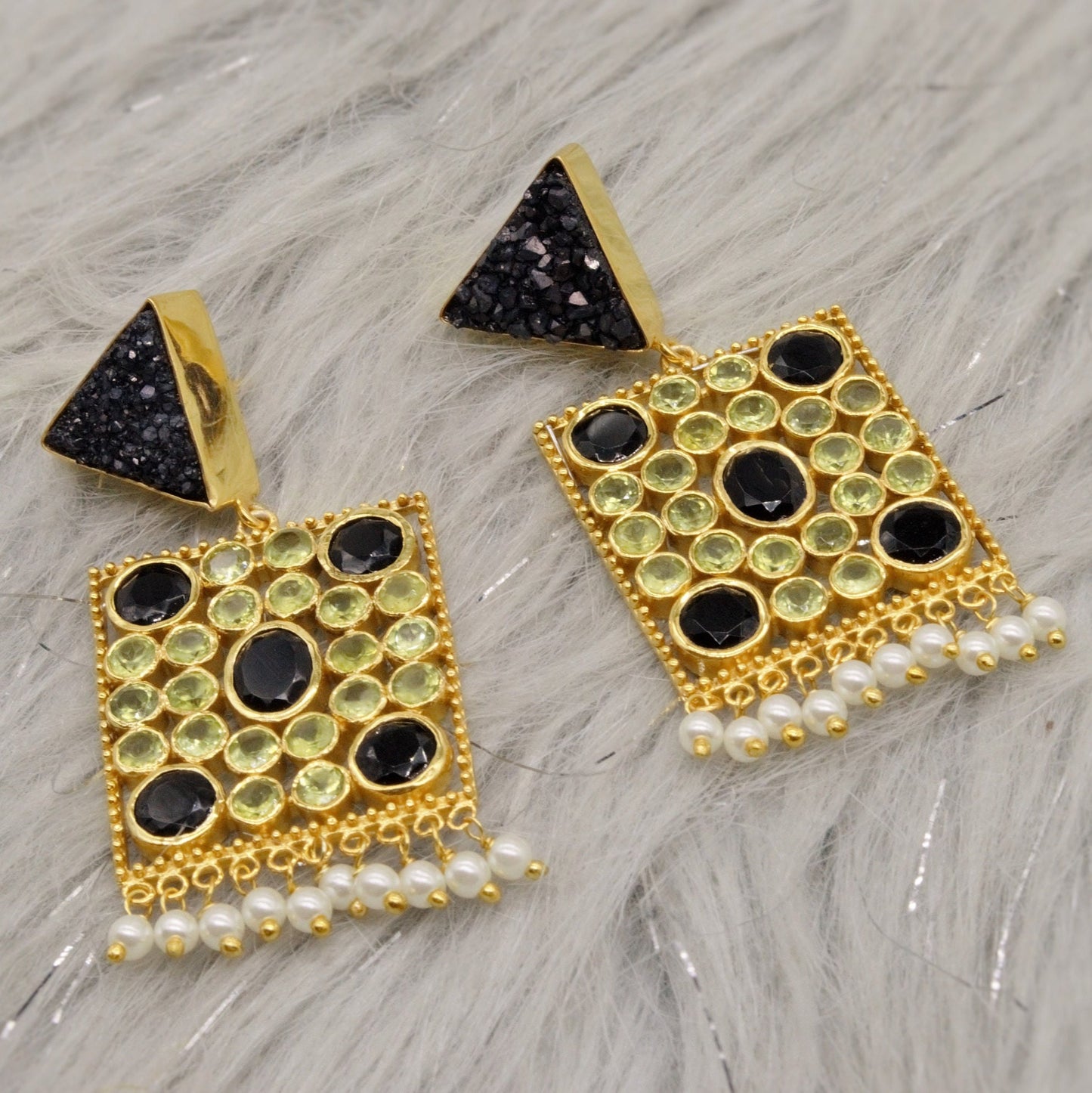 Black Agate, Onyx, Peridot Gold Earrings, August Birthstone Jewelry, Druzy Agate, Onyx Drop Earrings, Ethnic Indian Jhumka Earrings