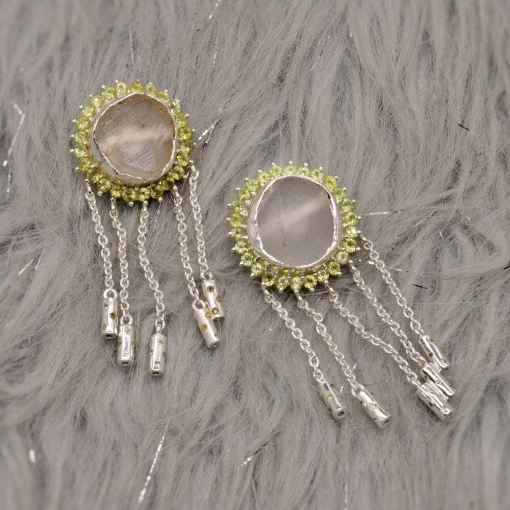 Peridot, Clear Quartz Silver Earrings, Sterling Silver, August Birthstone, Unique Statement Dangle Drop Jhumka Earrings, Birthday Gifts