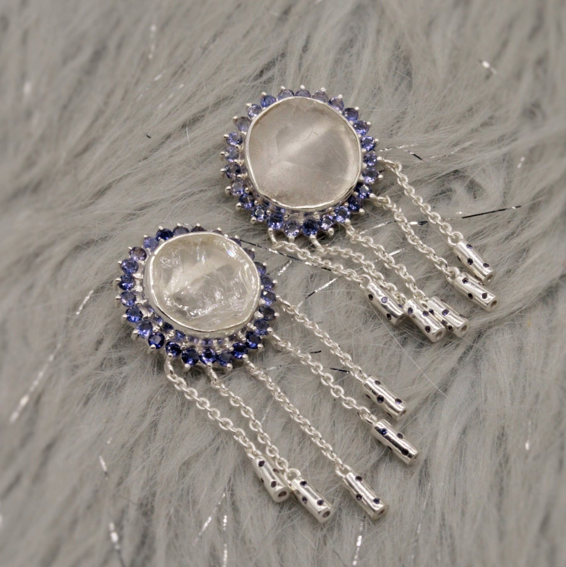 Iolite, Clear Quartz Silver Drop Earrings, Clear Quartz Crystal, Unique Statement Gemstone Jhumka Earrings Bridesmaid Gifts for Her