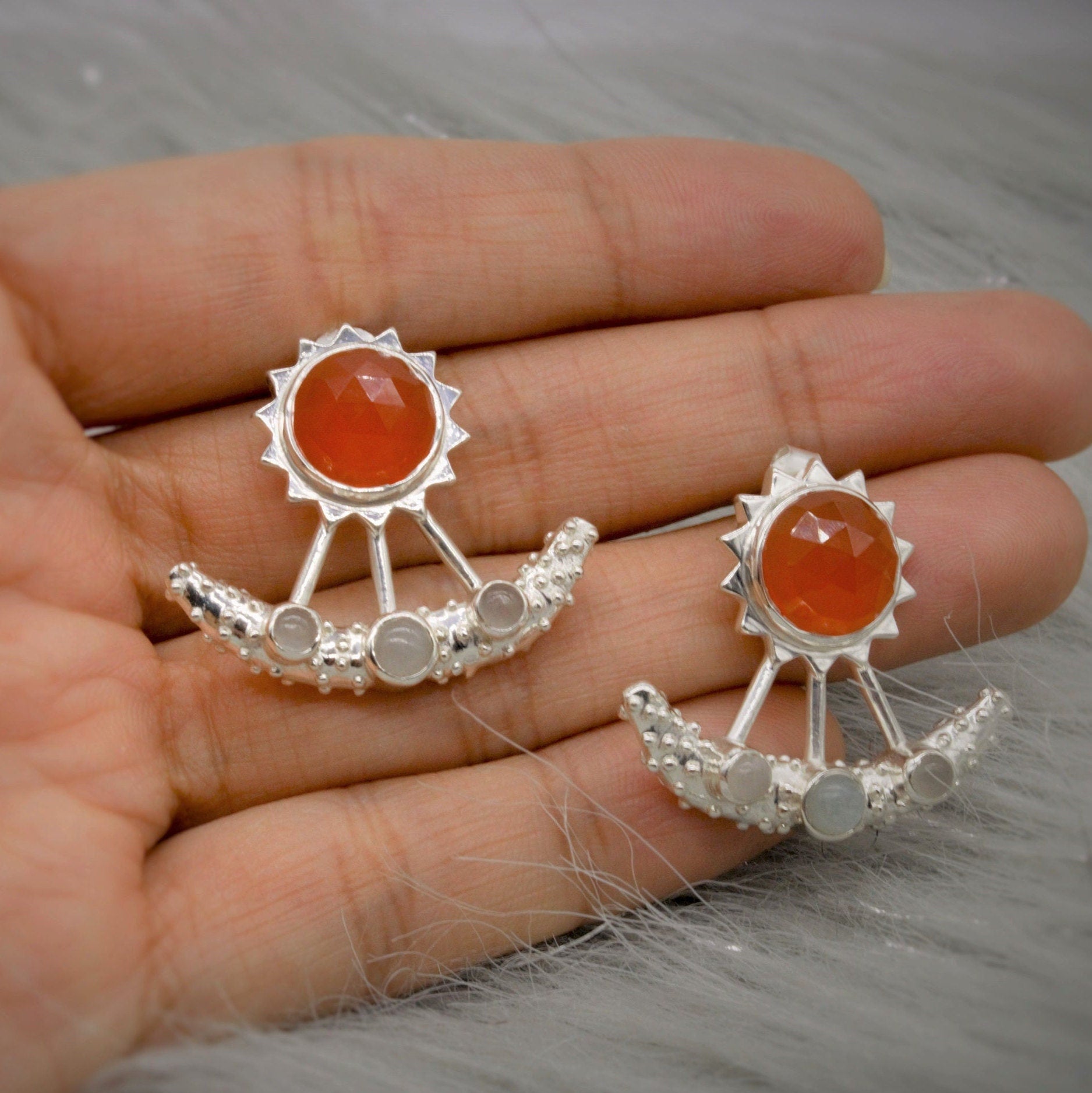 Carnelian and Aquamarine Earrings, Sterling Silver, March Birthstone Jewelry, Aquamarine crystal, Gemstone Earrings, Gift for Her