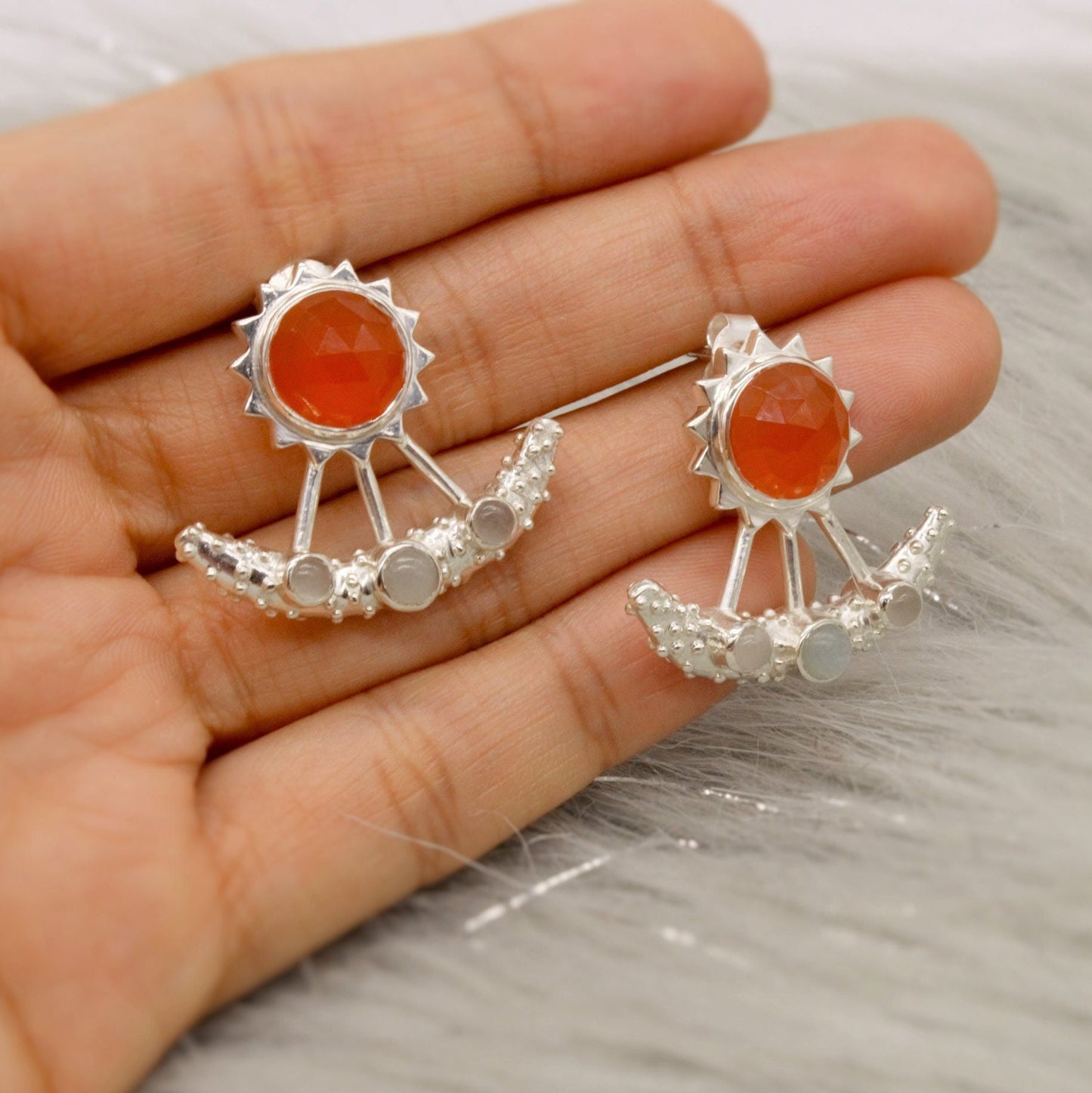 Carnelian and Aquamarine Earrings, Sterling Silver, March Birthstone Jewelry, Aquamarine crystal, Gemstone Earrings, Gift for Her