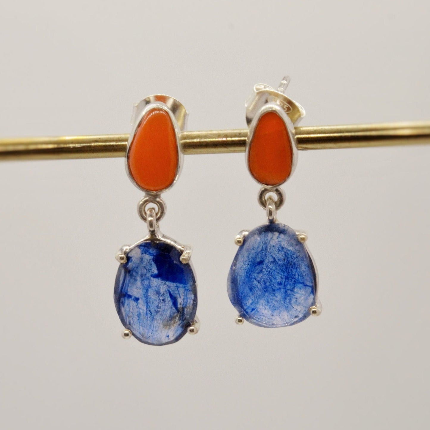 Raw Blue Sapphire, Coral Silver Earrings, Sterling Silver, September Birthstone Jewelry, Gemstone Drop Earrings, Birthday Gifts For Her