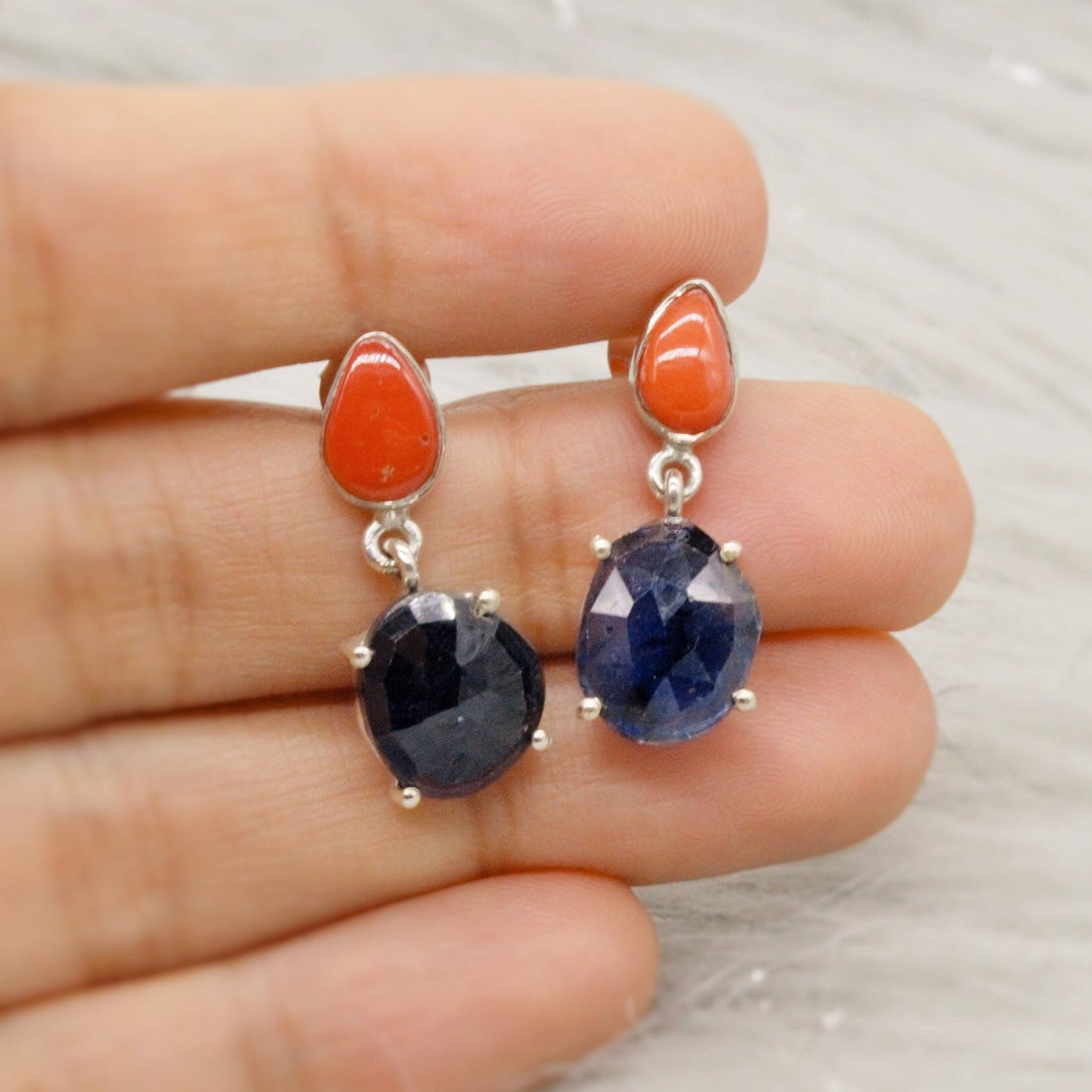 Raw Blue Sapphire, Coral Silver Earrings, Sterling Silver, September Birthstone Jewelry, Gemstone Drop Earrings, Birthday Gifts For Her