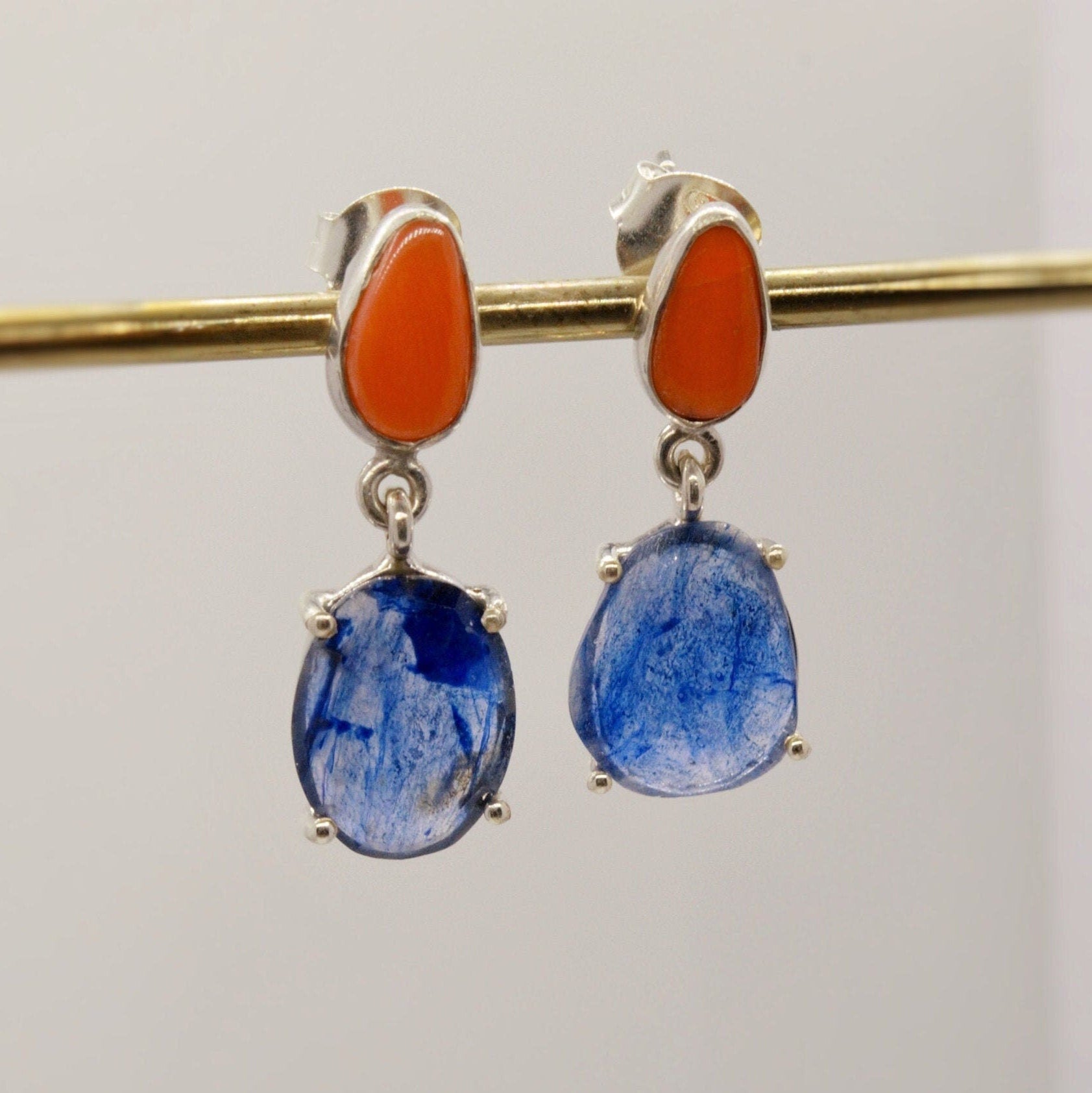 Raw Blue Sapphire, Coral Silver Earrings, Sterling Silver, September Birthstone Jewelry, Gemstone Drop Earrings, Birthday Gifts For Her