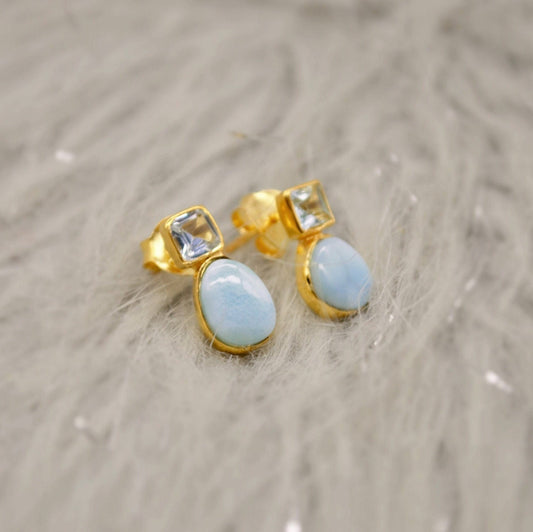 Larimar Blue Topaz Gold Stud Earrings, Larimar Stone, Larimar Gemstone, Blue Topaz Studs, Larimar Earrings, December Birthstone