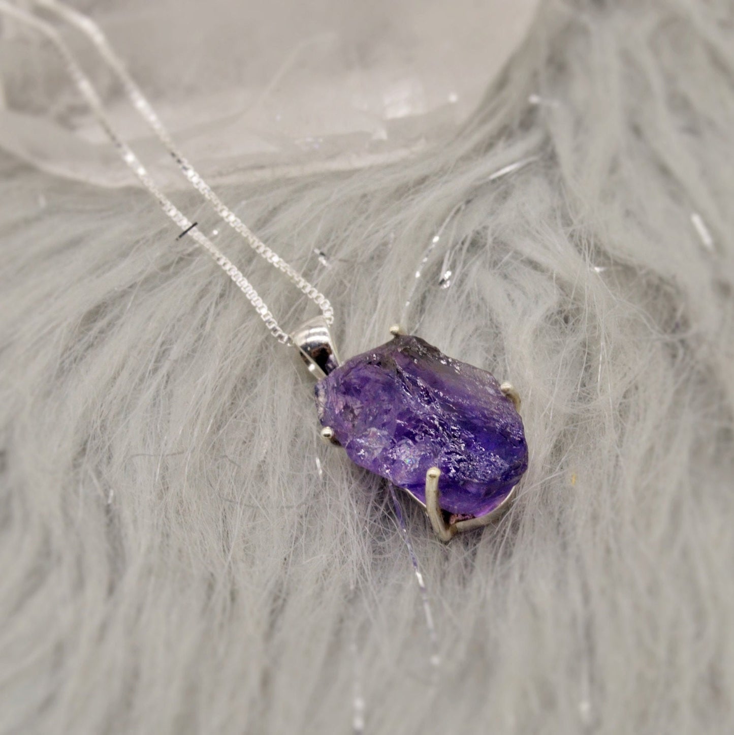 Raw Amethyst Chain Pendant Necklace, Rough Cut Amethyst Necklace, February Birthstone, Raw Gemstone, Sterling Silver, Birthday Gifts For Her