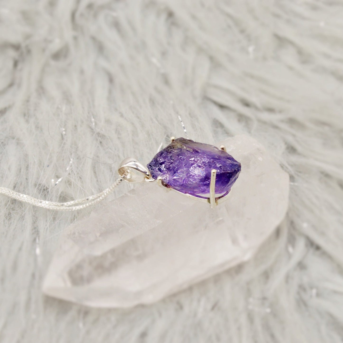 Raw Amethyst Chain Pendant Necklace, Rough Cut Amethyst Necklace, February Birthstone, Raw Gemstone, Sterling Silver, Birthday Gifts For Her