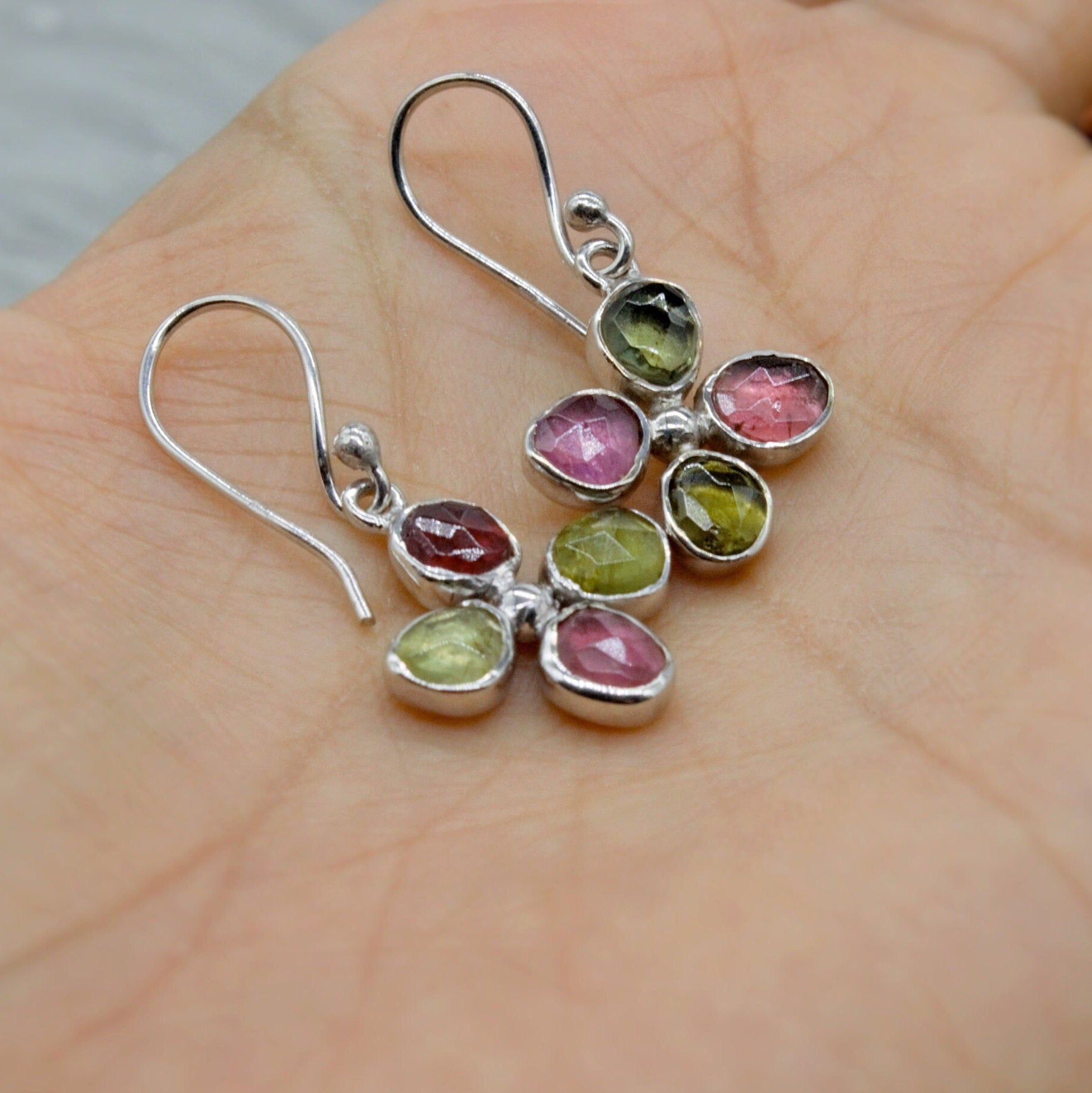 Pink Green Tourmaline Earrings, Dangle Drop Sterling Silver Earrings, October Birthstone Earrings, Tourmaline Jewelry, Cute Earrings