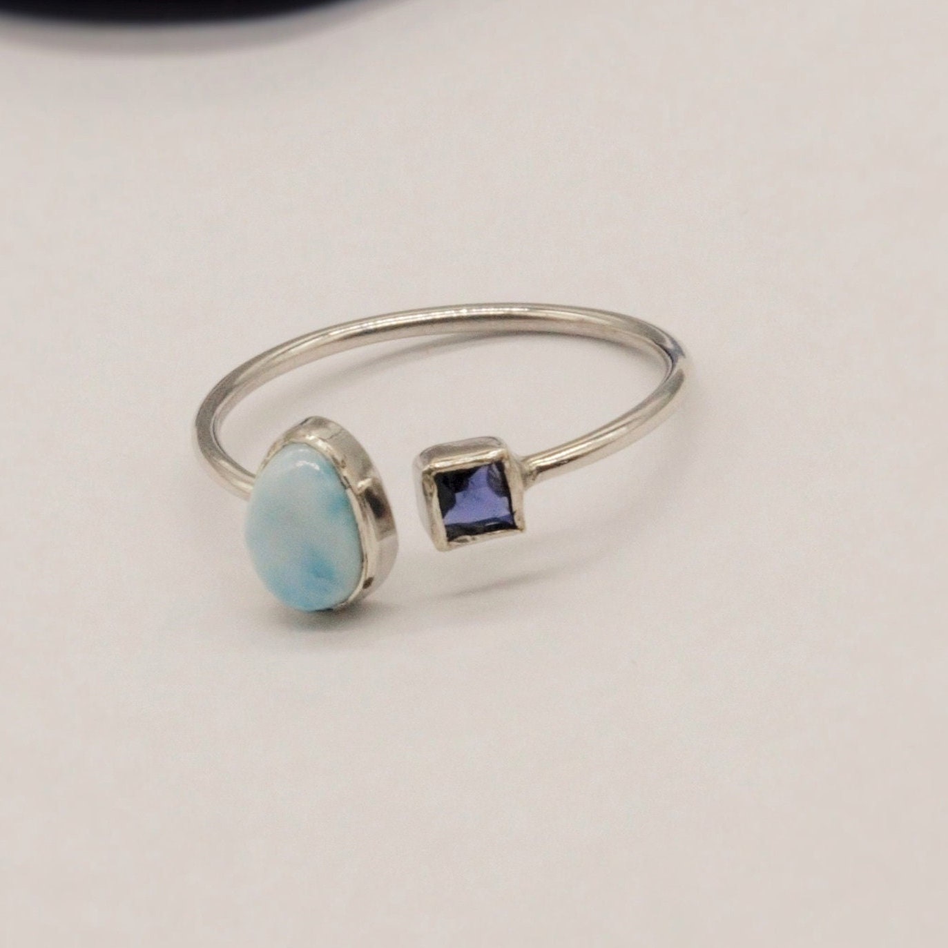 Blue Larimar, Iolite Sterling Silver Ring, Dainty Ring, Open Ring, Gemstone Ring, Rings for Women, Birthday Gift For Her, Mom Gift