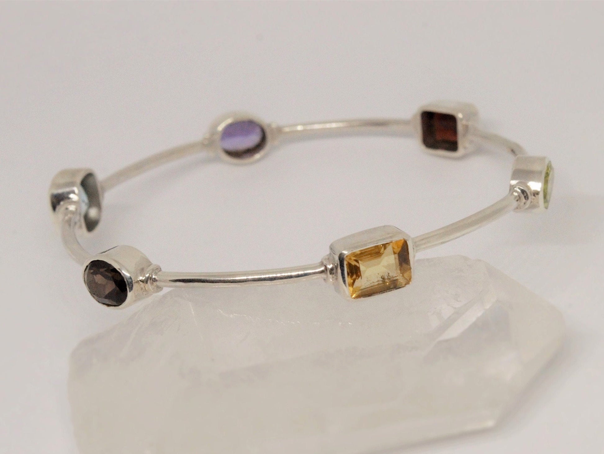 Multi Coloured Stones Bangle, Blue Topaz, Amethyst, Citrine Bracelet, Sterling Silver Bangle, Birthstone Bracelet Gift