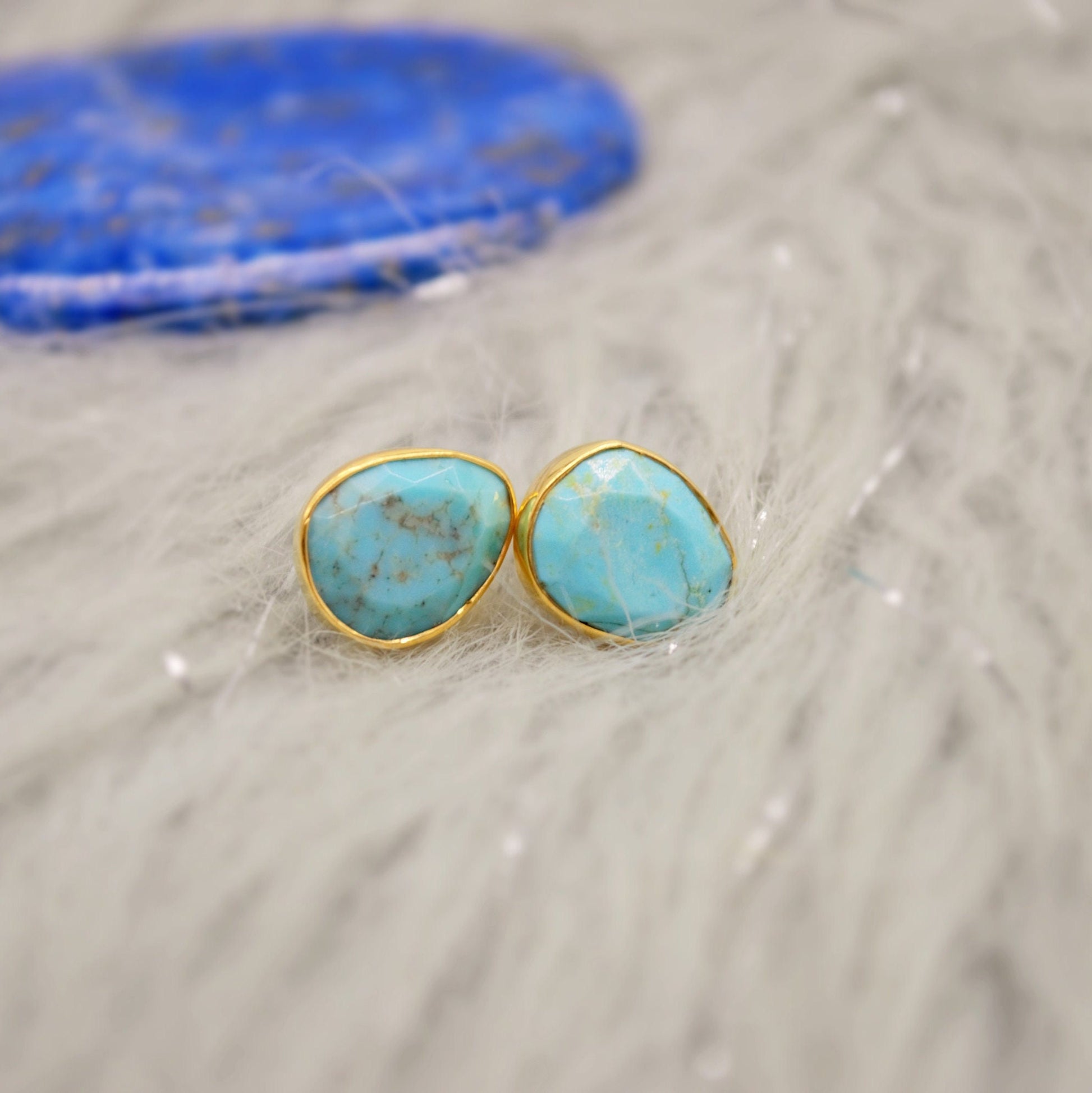 Blue Turquoise Gold Stud Earrings, Dainty Earrings, December Birthstone, Gold Plated Sterling Silver Stud, Birthday Gift For Her