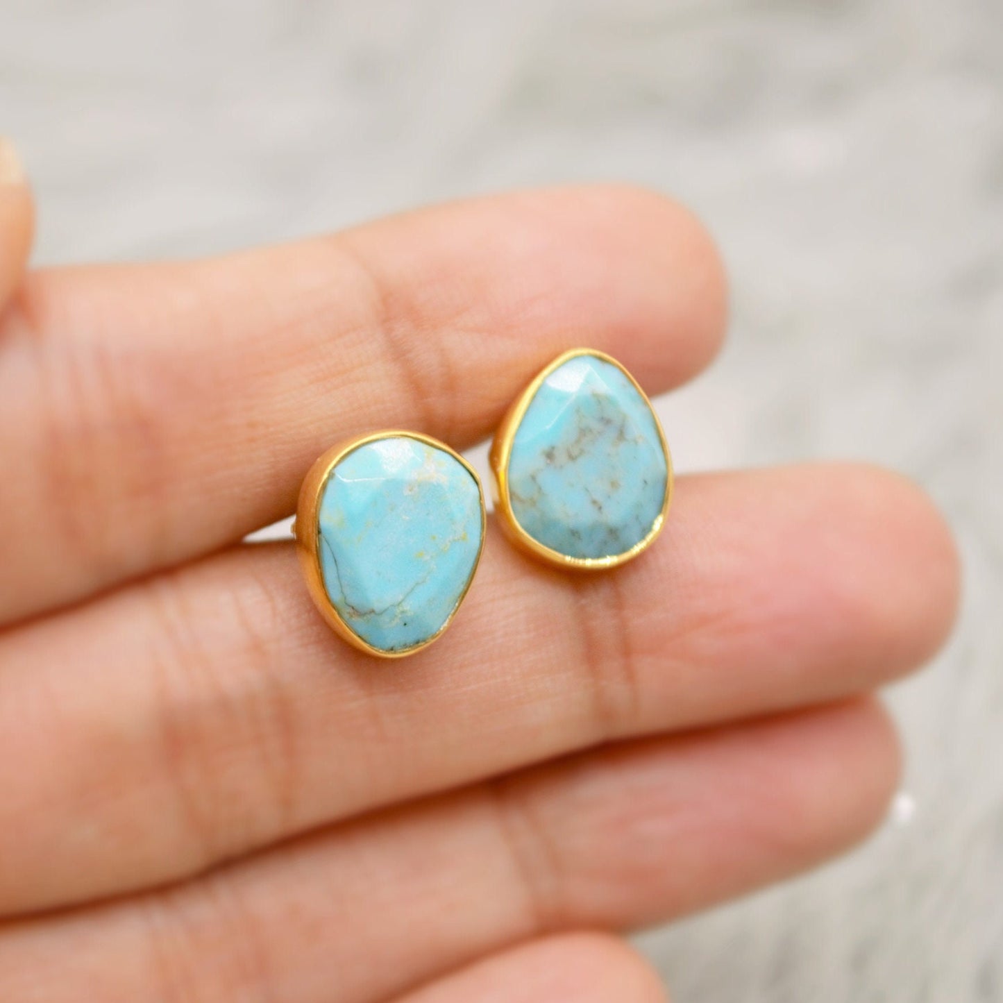 Blue Turquoise Gold Stud Earrings, Dainty Earrings, December Birthstone, Gold Plated Sterling Silver Stud, Birthday Gift For Her