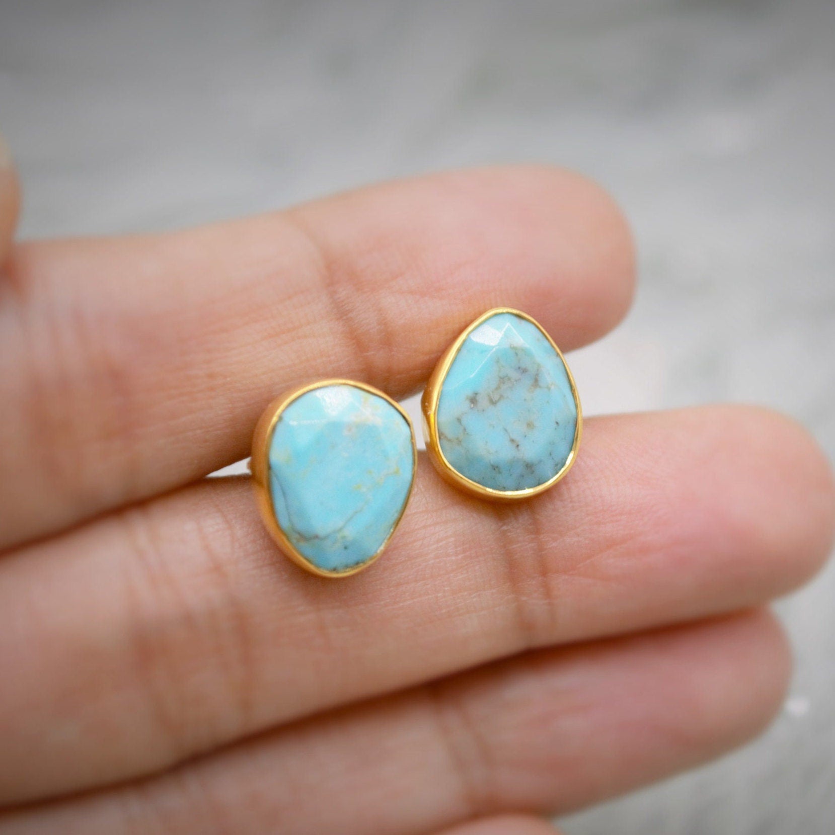 Blue Turquoise Gold Stud Earrings, Dainty Earrings, December Birthstone, Gold Plated Sterling Silver Stud, Birthday Gift For Her