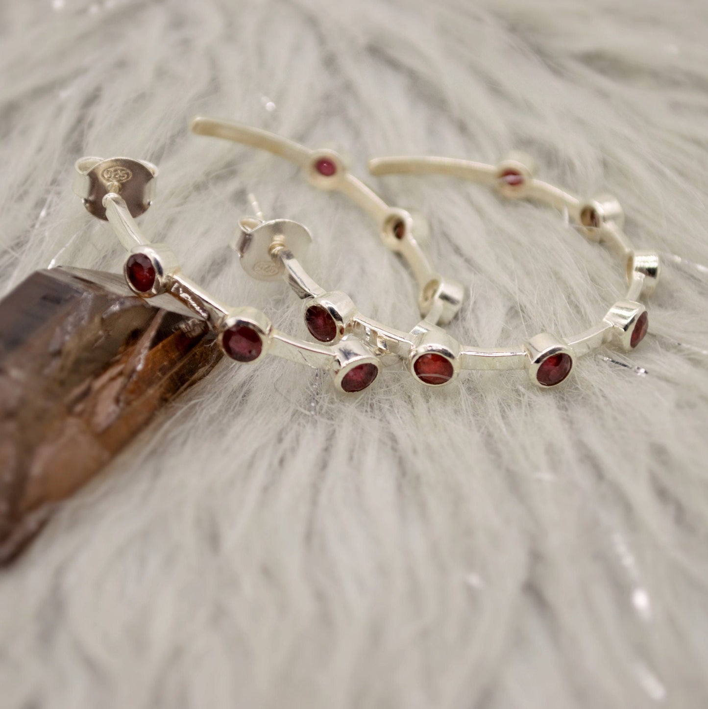 Red Garnet Earrings, Ruby, Smoky Quartz Sterling Silver Hoop Earrings, January Birthstone, July Birthstone, Unique Gemstone Earrings